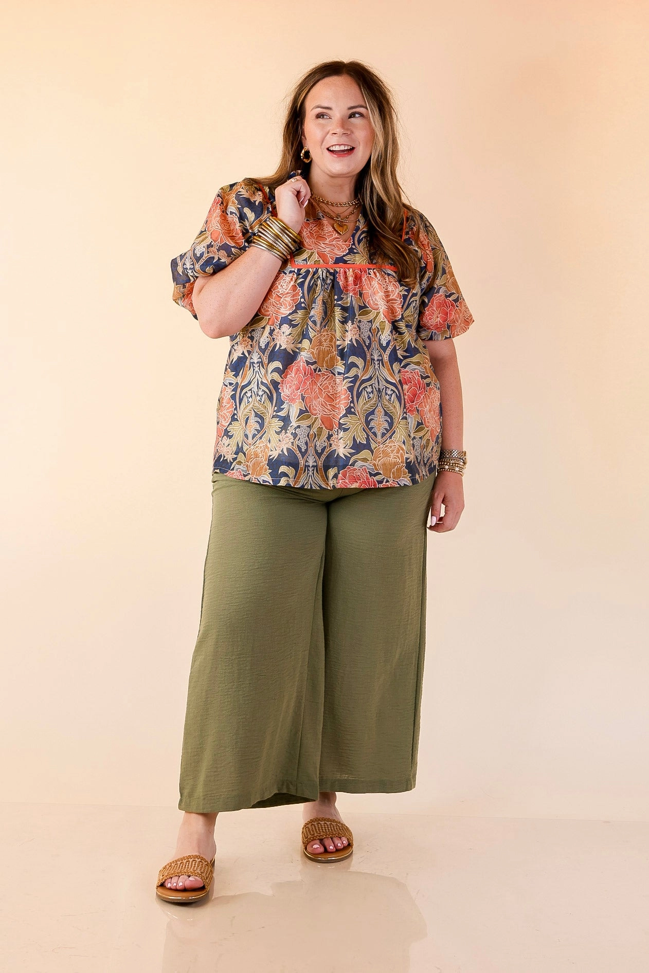 Corporate Wear Blooming Days Ahead Floral Print V Neck Blouse with Puff Sleeves and Ruffle Trim Collar in Navy Mix