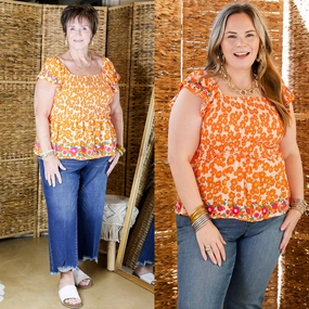 Blossom Boulevard Smocked Floral Peplum Top with Floral Embroidery in Orange Comfy Design Country Charm