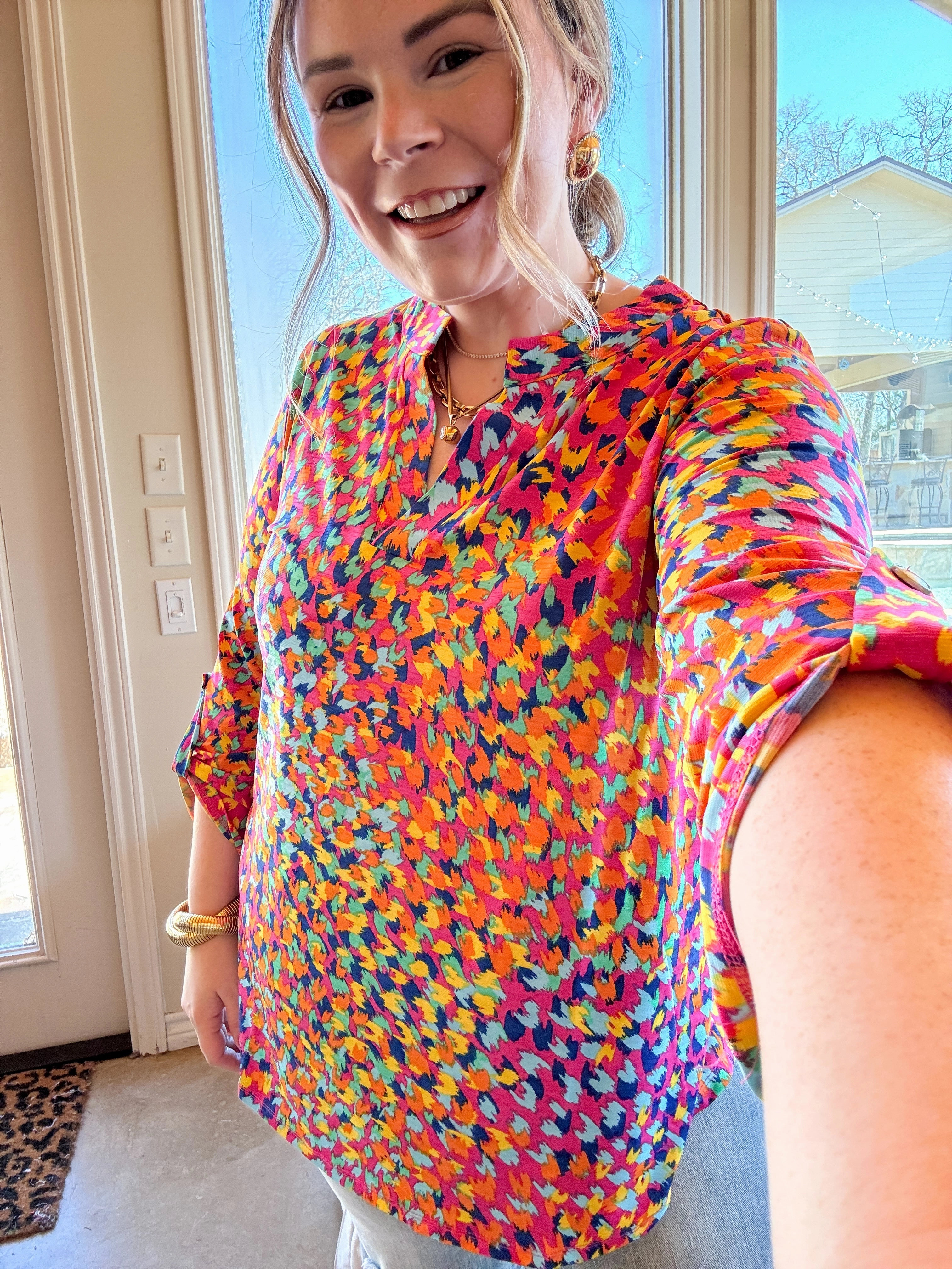 Moon Beam Run Glow Urban Elegance Animal Print 3/4 Sleeve Tunic Top in Pink Mix