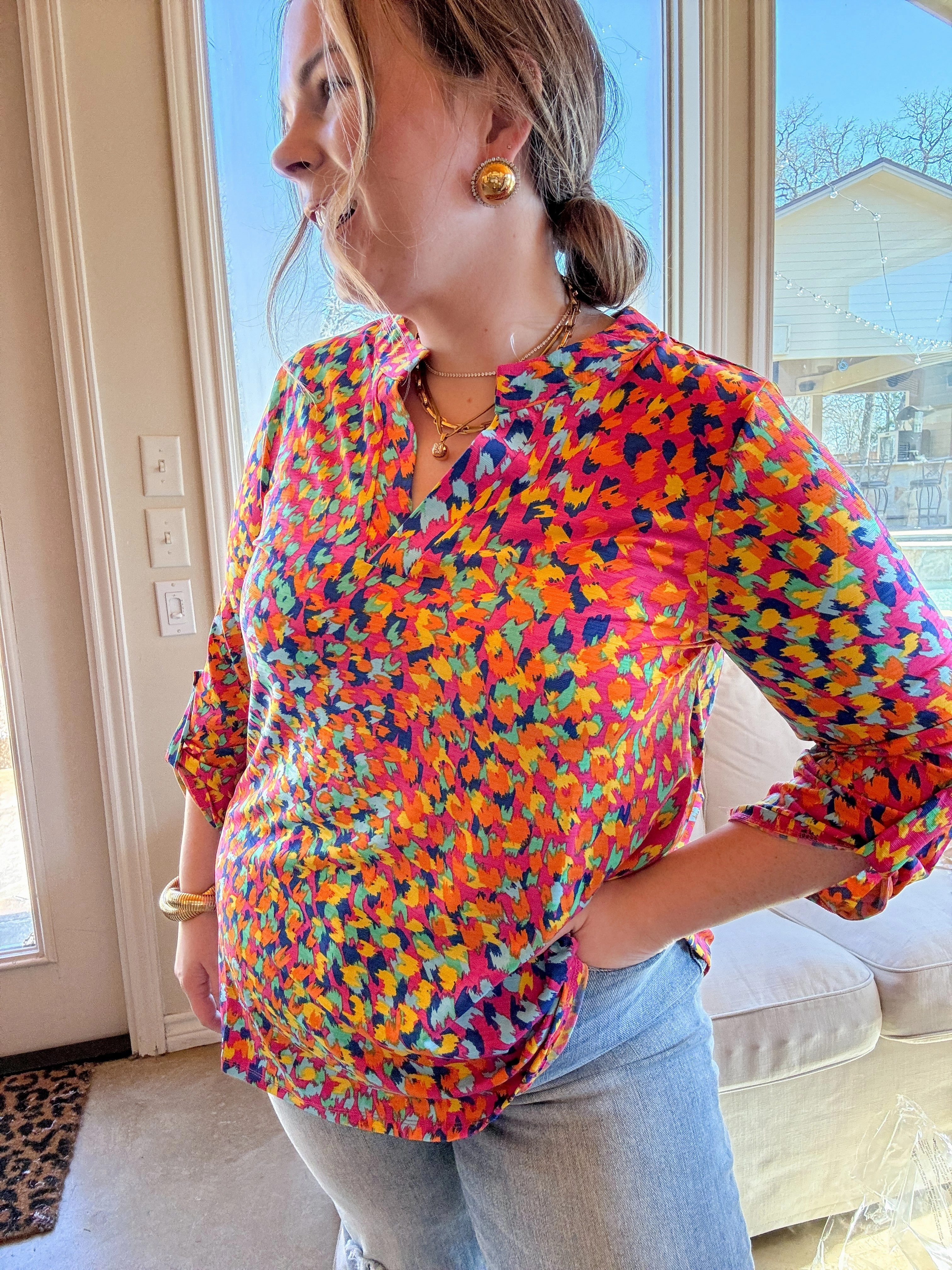 Urban Elegance Animal Print 3/4 Sleeve Tunic Top in Pink Mix Summer Skirt smooth zipper