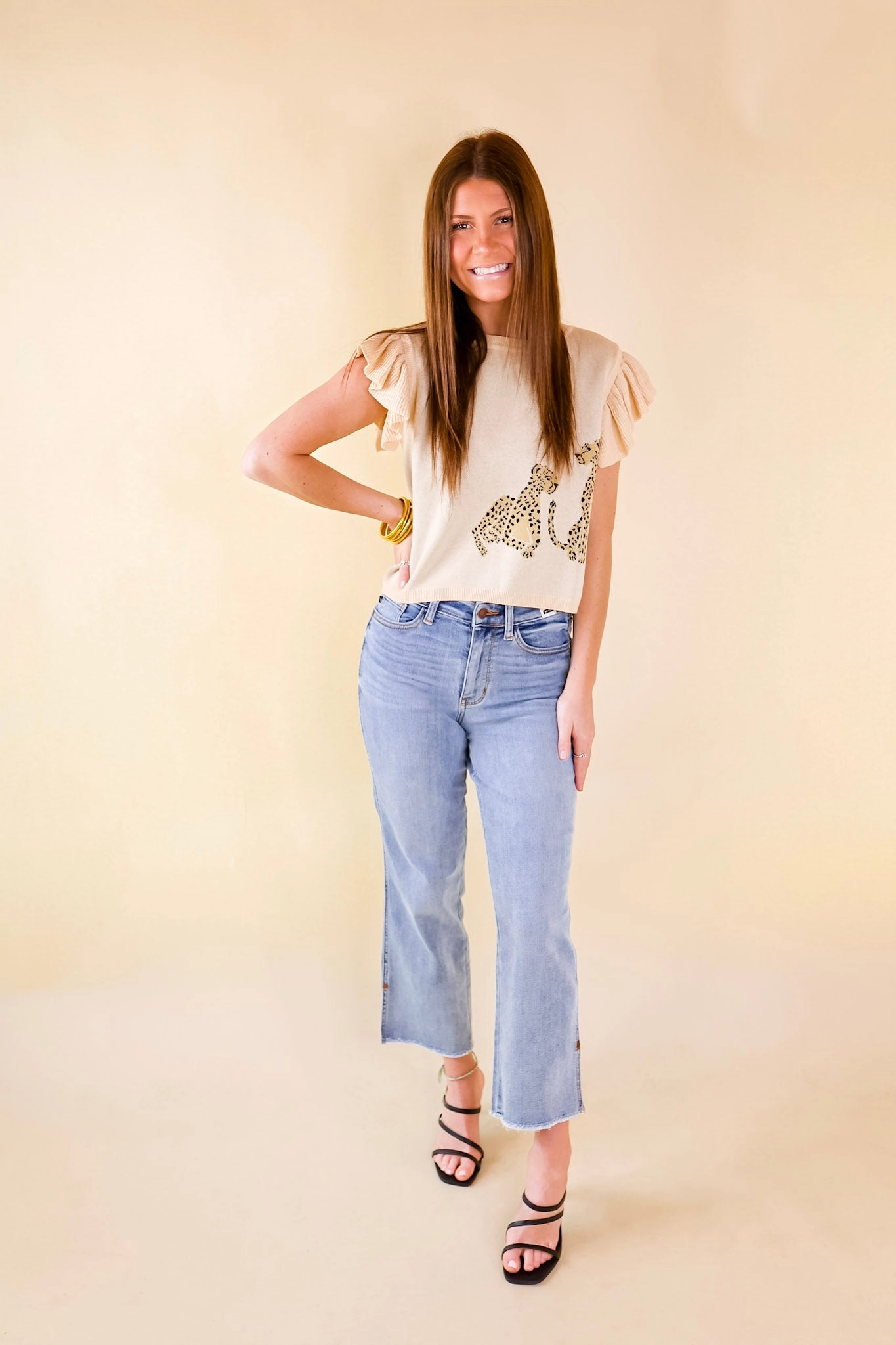 Colorfast Dye Talk This Way Cheetah Print Sweater with Ruffle Cap Sleeves in Beige