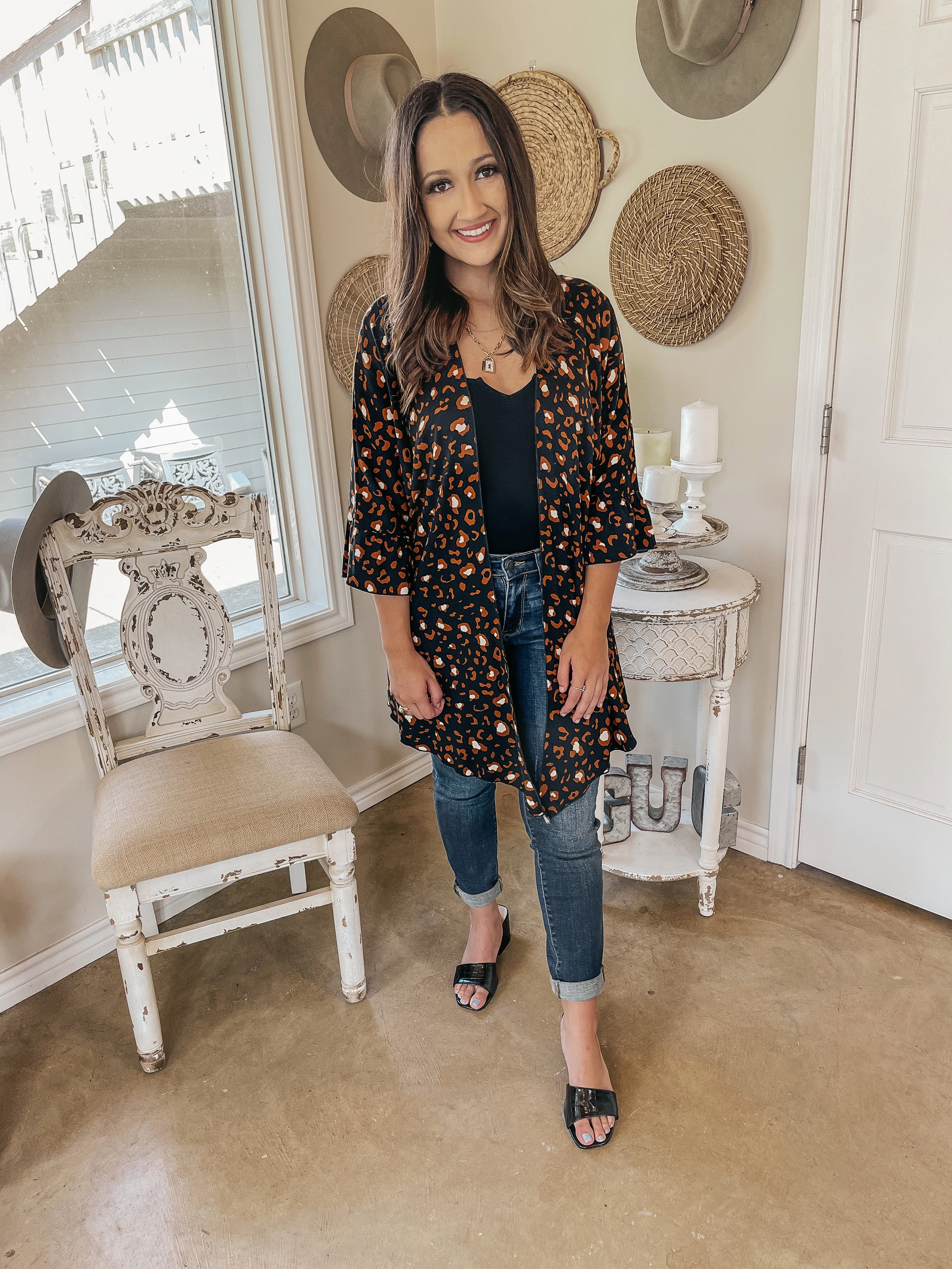 Joy Ease Warm Knit Last Chance Size Small | Tell Me About It Sheer Rust Leopard Kimono with Ruffle Sleeves in Black