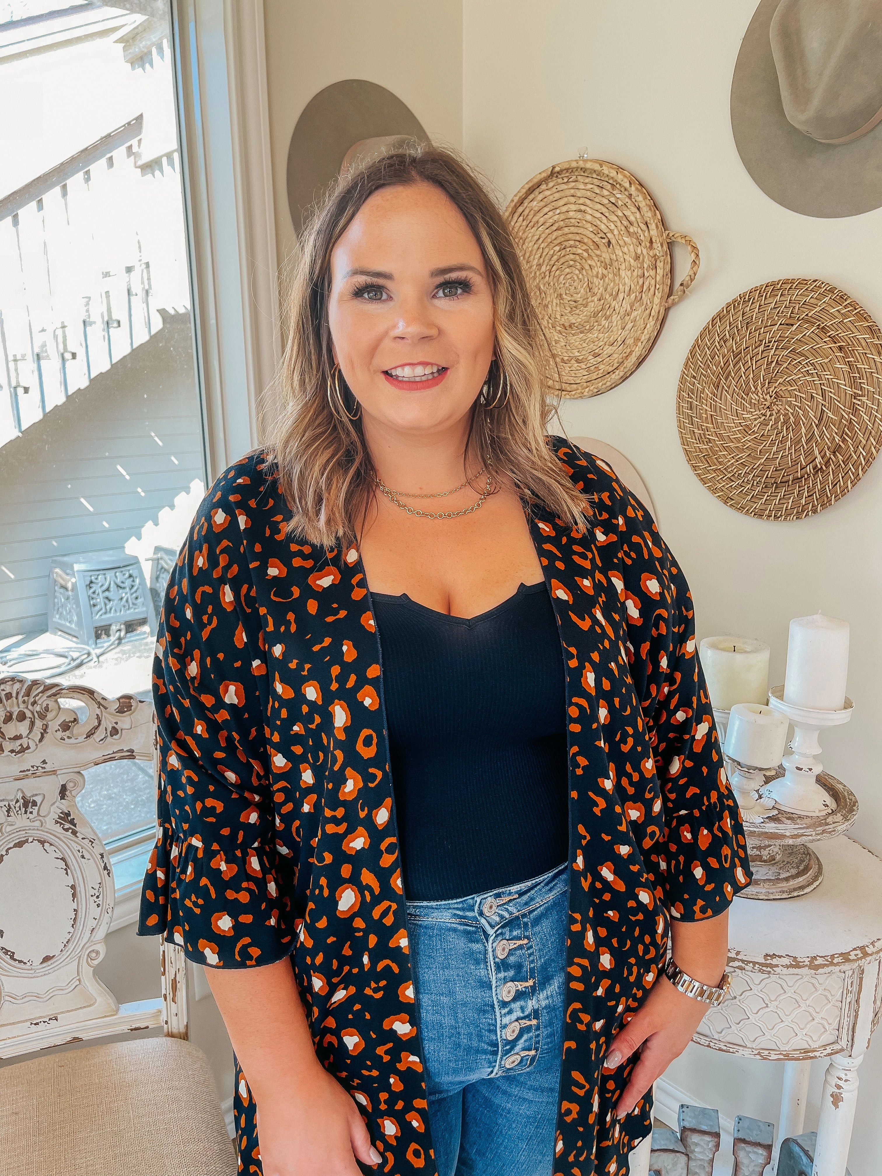 AntiStatic Material Last Chance Size Small | Tell Me About It Sheer Rust Leopard Kimono with Ruffle Sleeves in Black