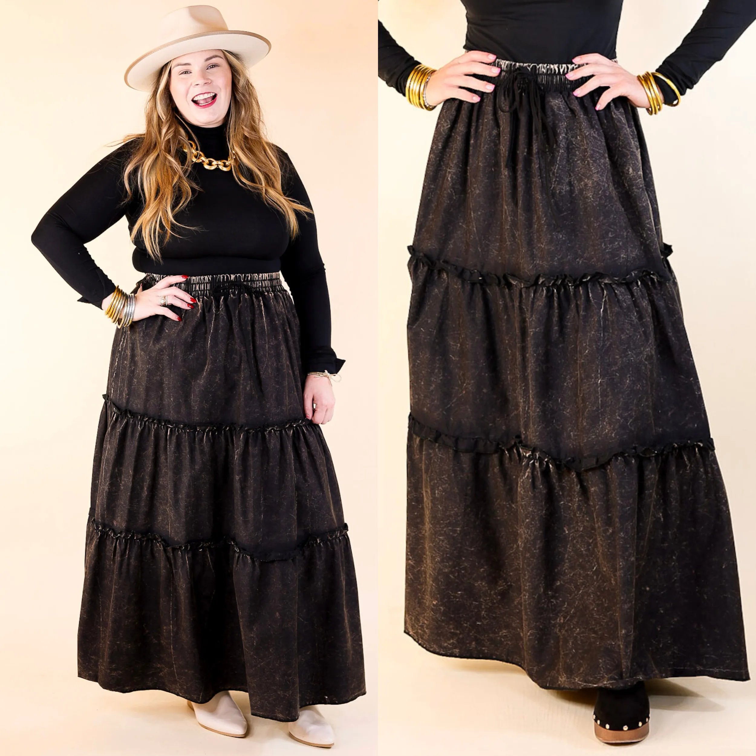 Wind Glow Boho Bliss Acid Wash Tiered Ruffle Maxi Skirt in Ash Black
