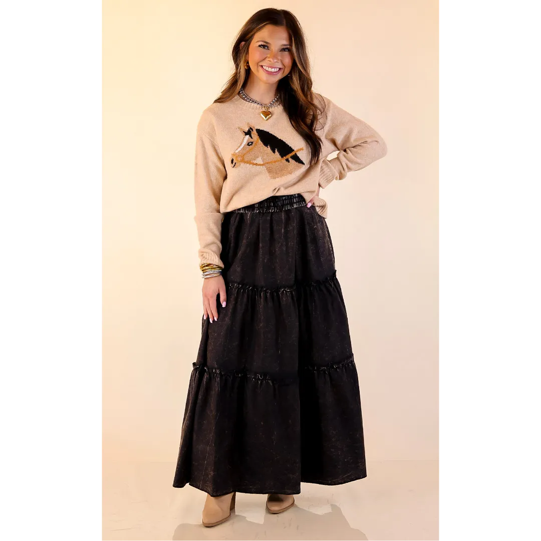 Boho Bliss Acid Wash Tiered Ruffle Maxi Skirt in Ash Black SheerLayeredPanels Fall Mood