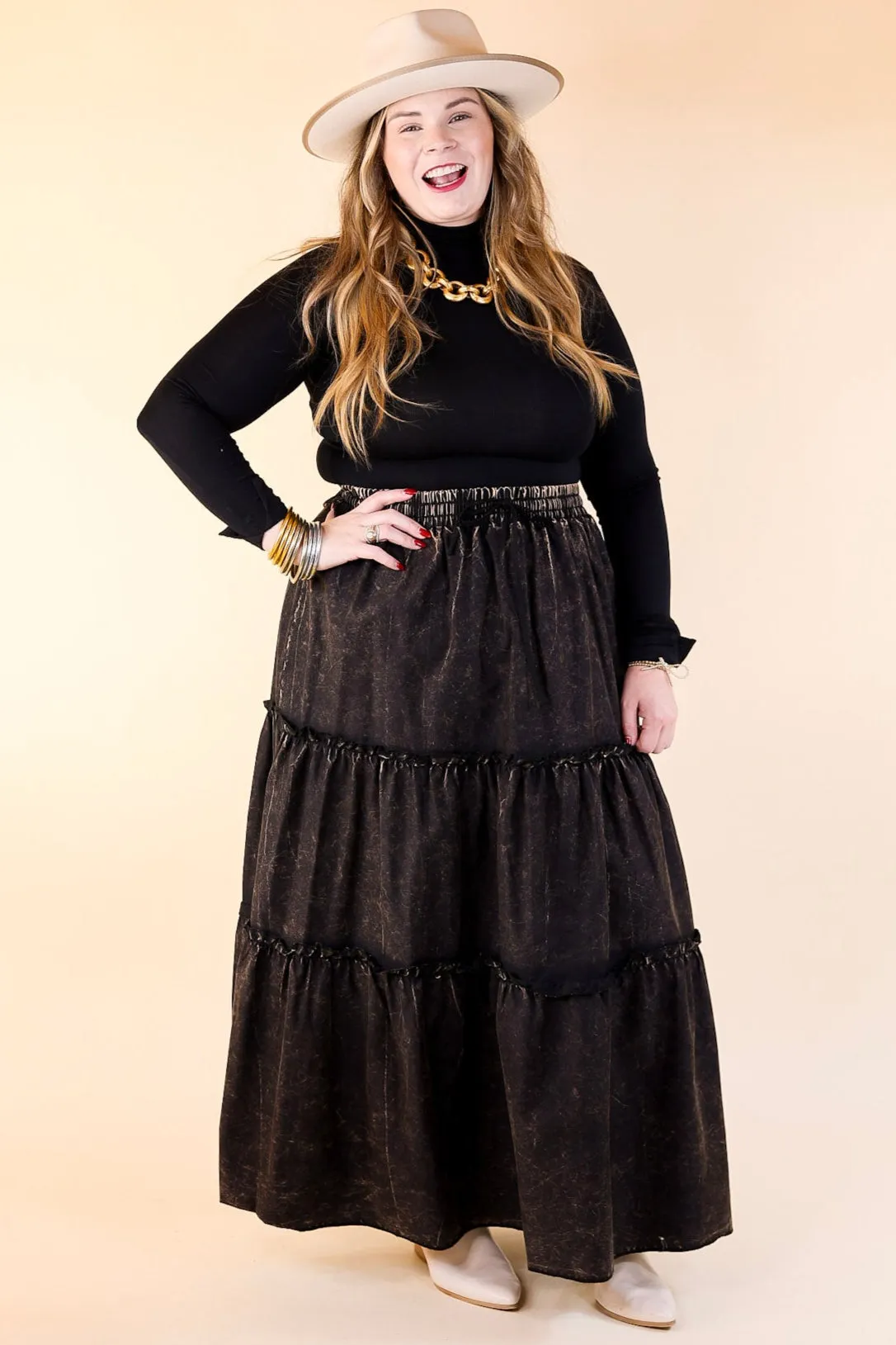 Clear Mind Boho Bliss Acid Wash Tiered Ruffle Maxi Skirt in Ash Black