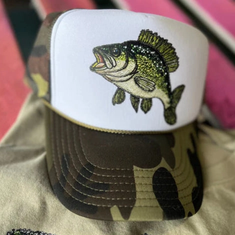 Summer Style Online Exclusive | Faux Rhinestone Bass Fishing Trucker Cap in Camo and White