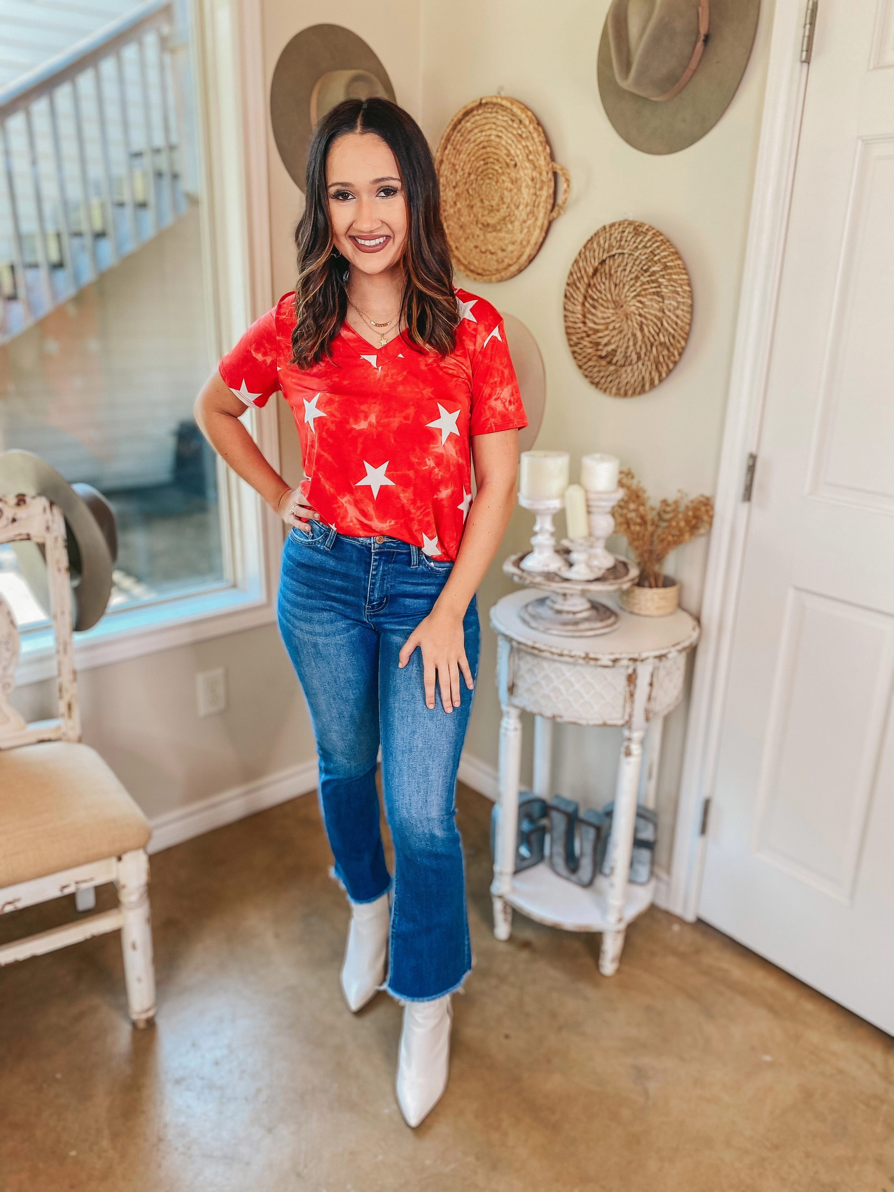 SeamlessPockets Cotton Glow Last Chance Size Small & Medium | Keep Things Simple Tie Dye with Stars V Neck Tee in Red