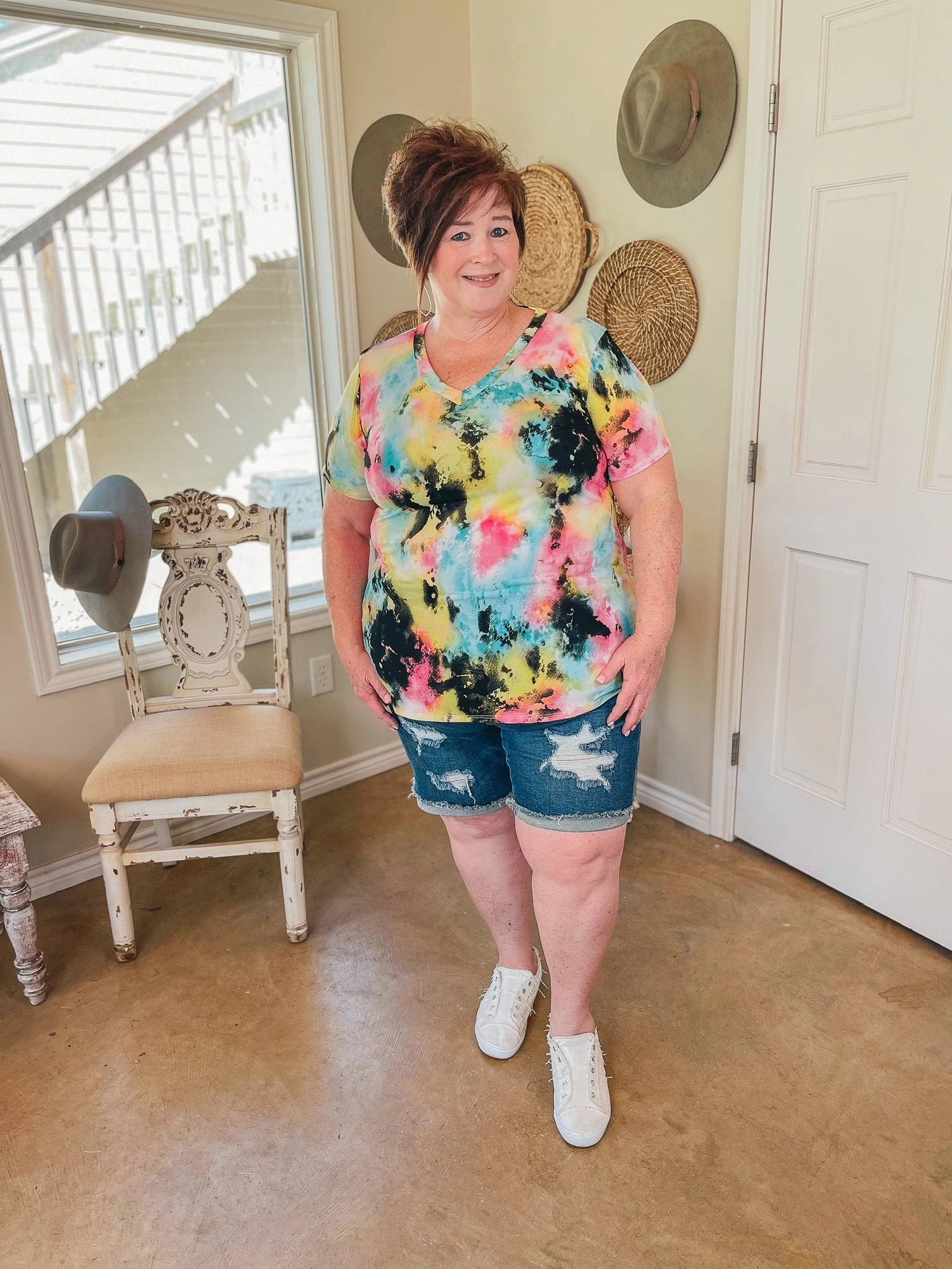 Quick Core Timeless Dress Last Chance Size Small | Keep Things Simple Tie Dye V Neck Tee in Black Multi