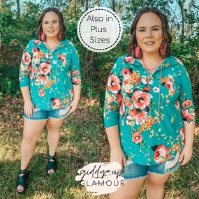 Last Chance Size Small and Medium | Scenic Route Floral Collared Tunic Top in Teal BreathableMesh