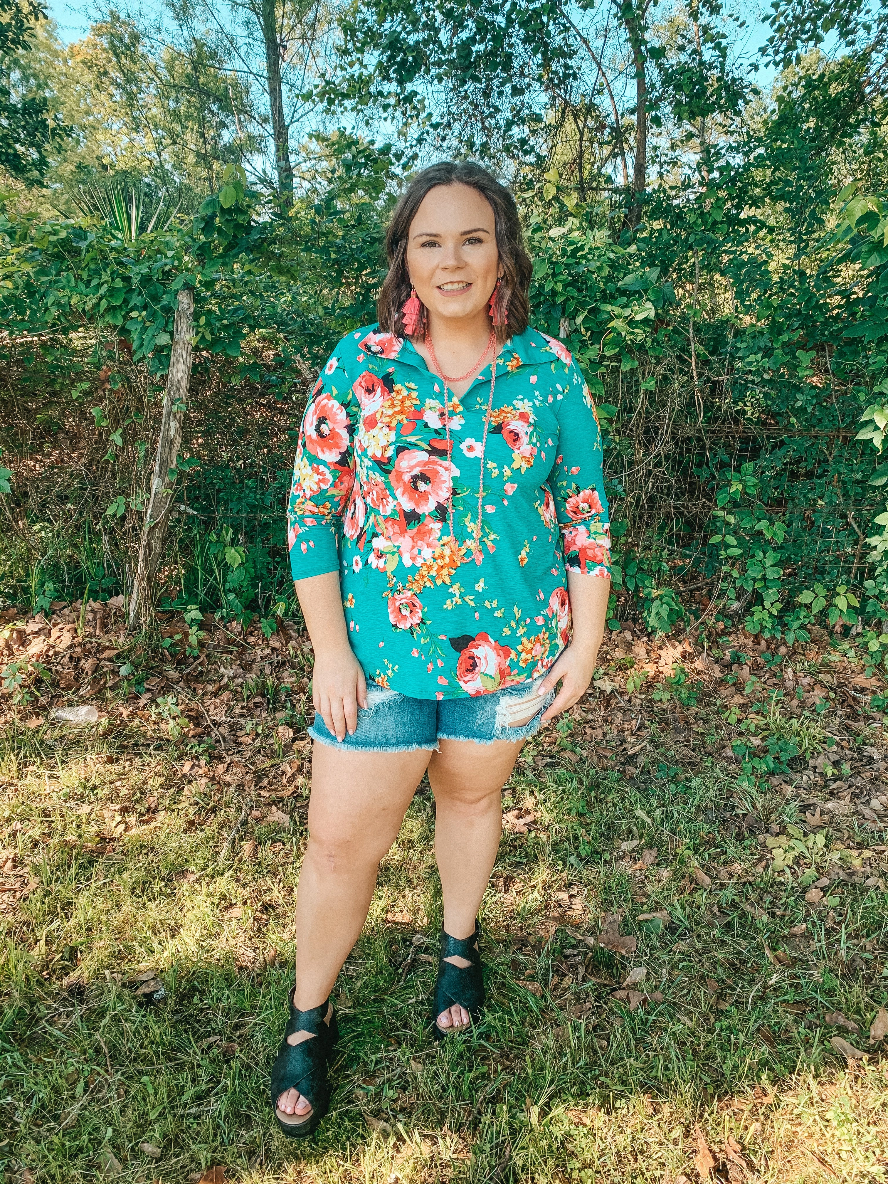 Last Chance Size Small and Medium | Scenic Route Floral Collared Tunic Top in Teal OdorResistant Fabric Tagless Labeling