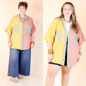 Simple Dress Stretchable Material Bold Moves Multi Colored Block Button Up Blouse in Honey/Mauve