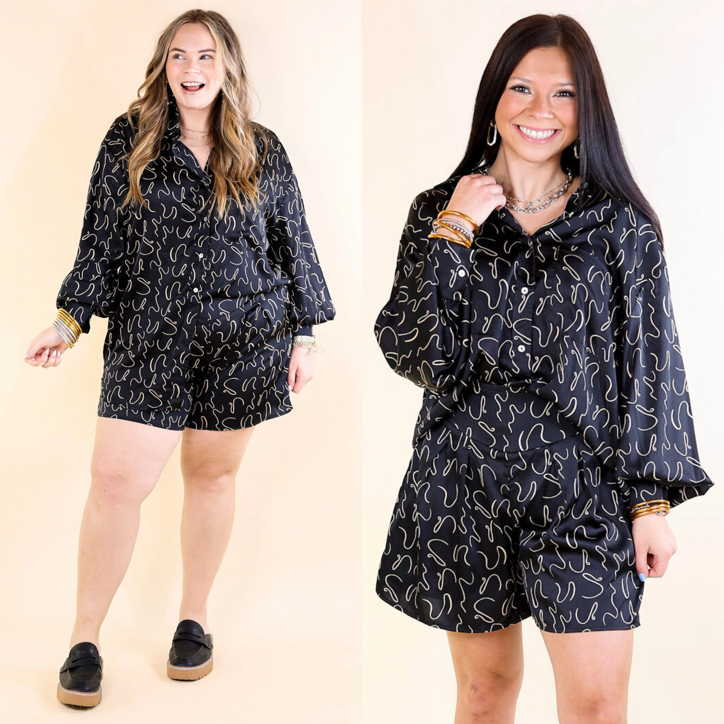 Endlessly Obsessed Satin Button Up Swirl Print Top in Black Flexible Placket Structure