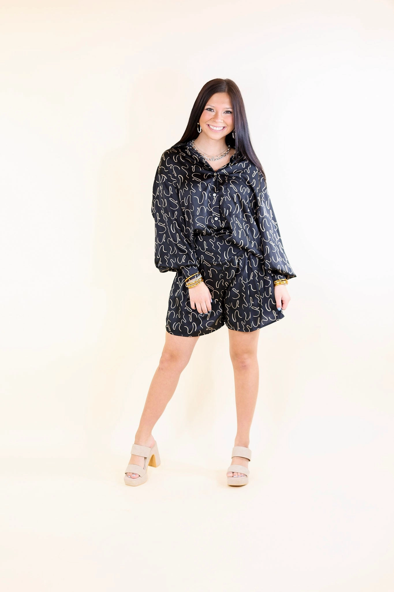 shopping spree Endlessly Obsessed Satin Button Up Swirl Print Top in Black