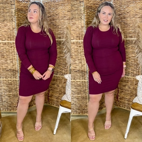 Felt A Chill Long Sleeve Fitted Dress with Ruched Drawstring Hips in Maroon Love Energy Cold Weather Wear
