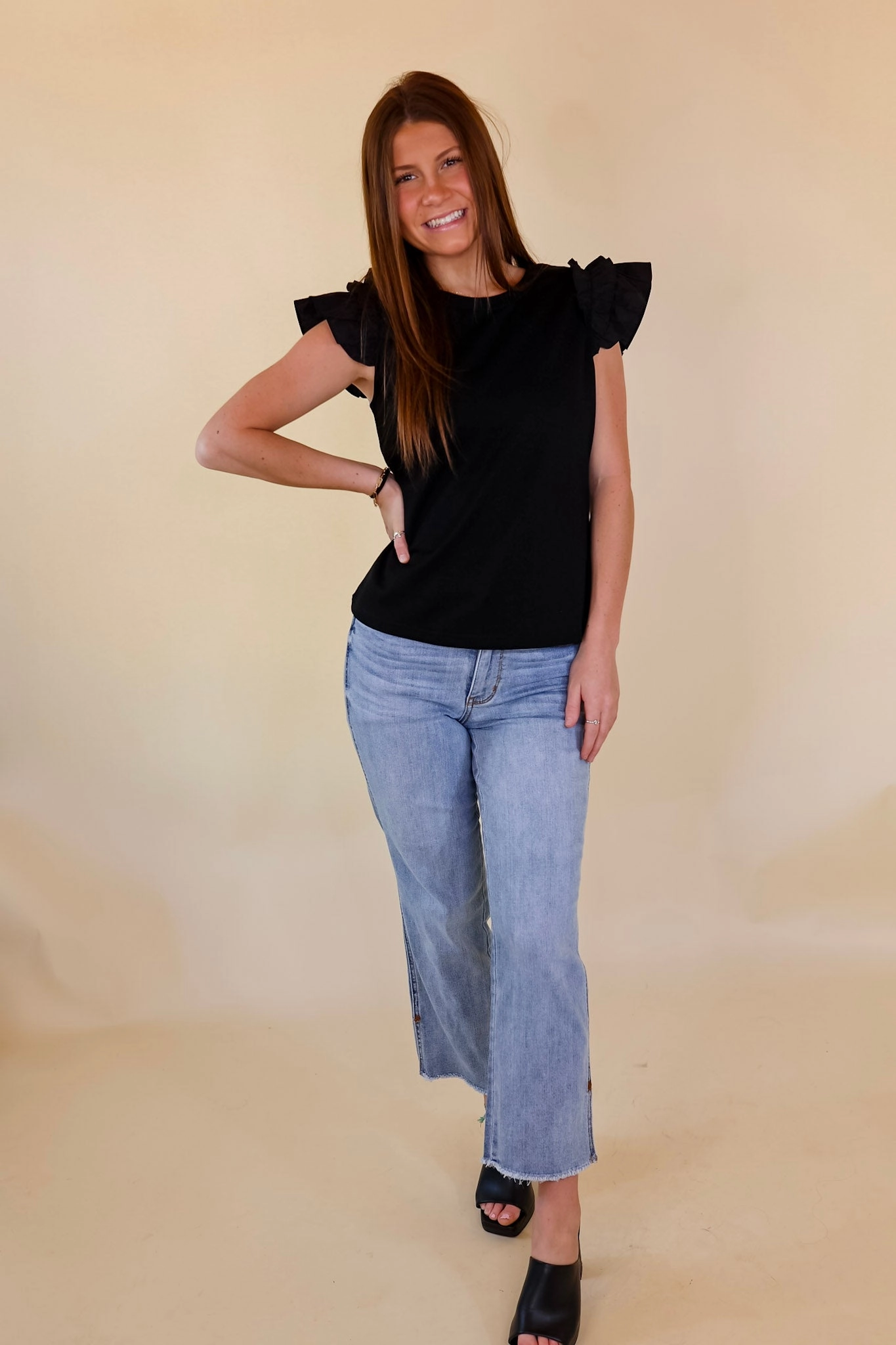 Born To Be Stylish Solid Top with Ruffle Cap Sleeves in Black Simple Layering