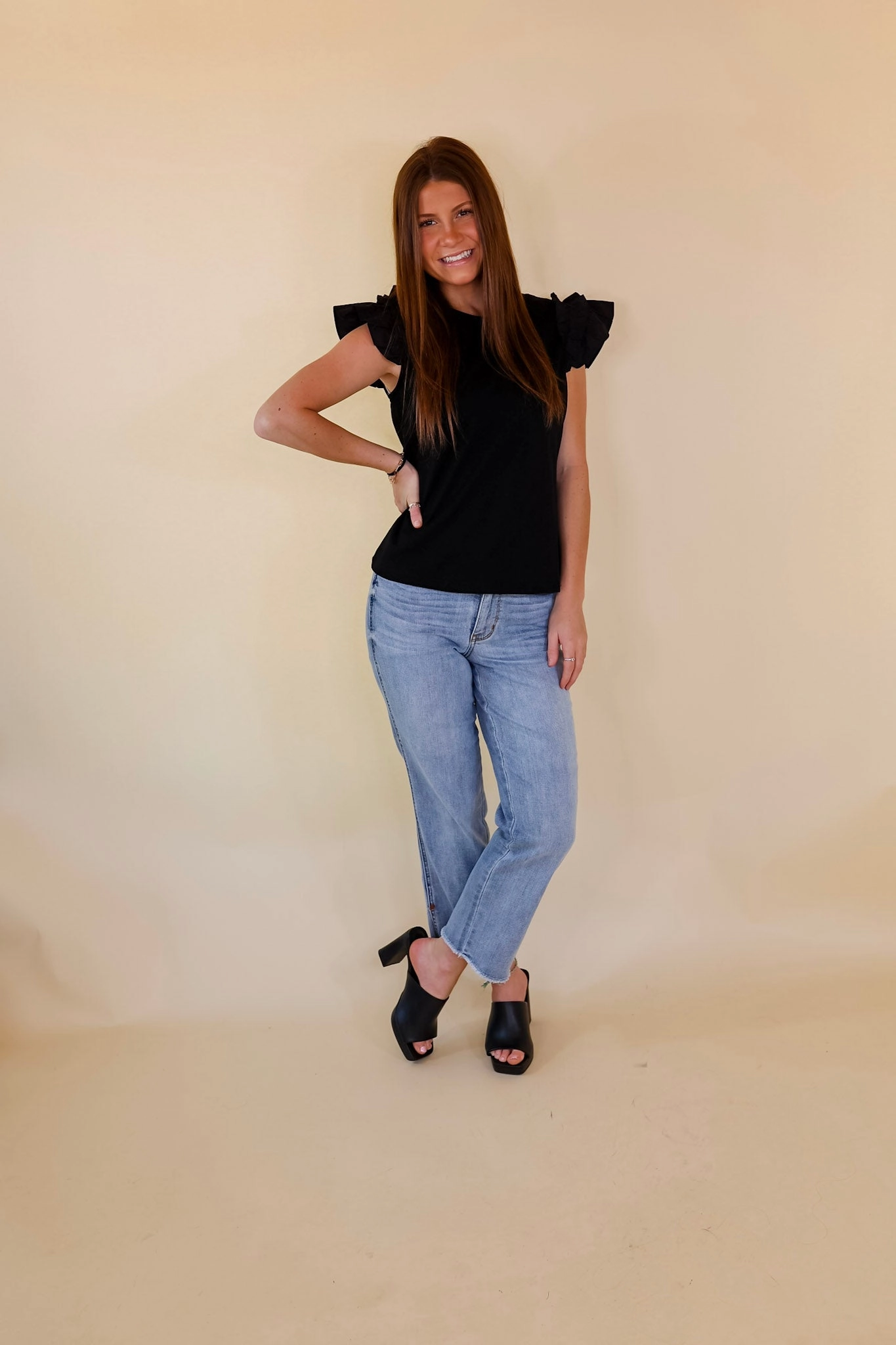 Born To Be Stylish Solid Top with Ruffle Cap Sleeves in Black NonRestrictive Fit