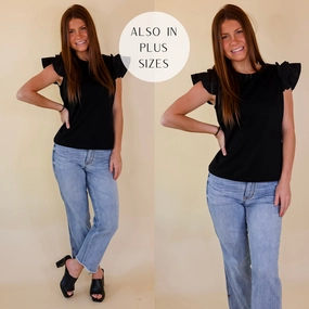 Pure Tone Adjustable Straps Born To Be Stylish Solid Top with Ruffle Cap Sleeves in Black