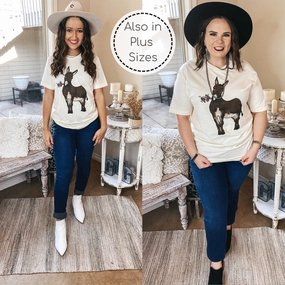 World Edge Light Fit Bouquet Burro Graphic Tee with Pink Crystal Accents in Ivory