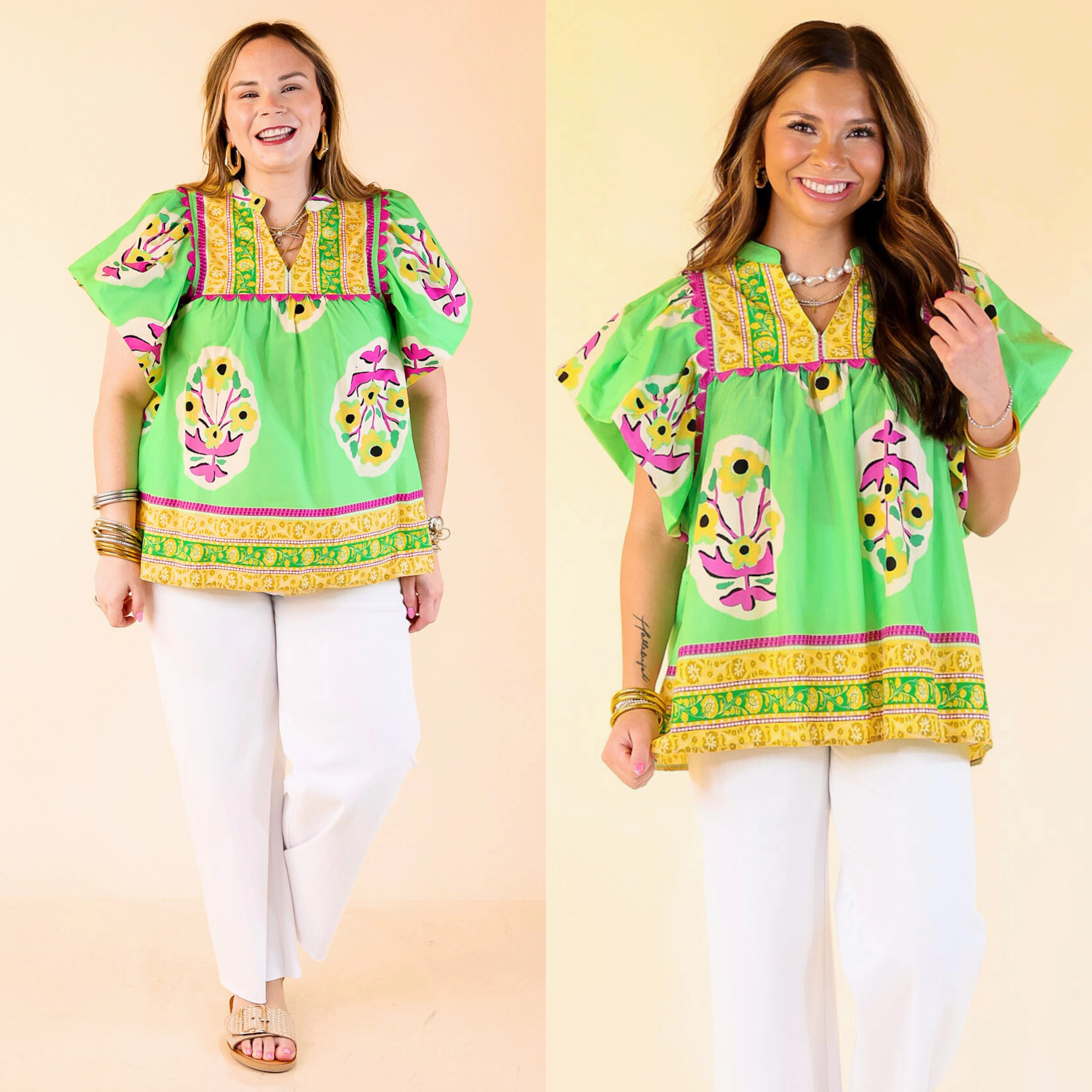 Floral Blush Short Sleeve Floral Shirt With Purple Rickrack in Green Easy Wear