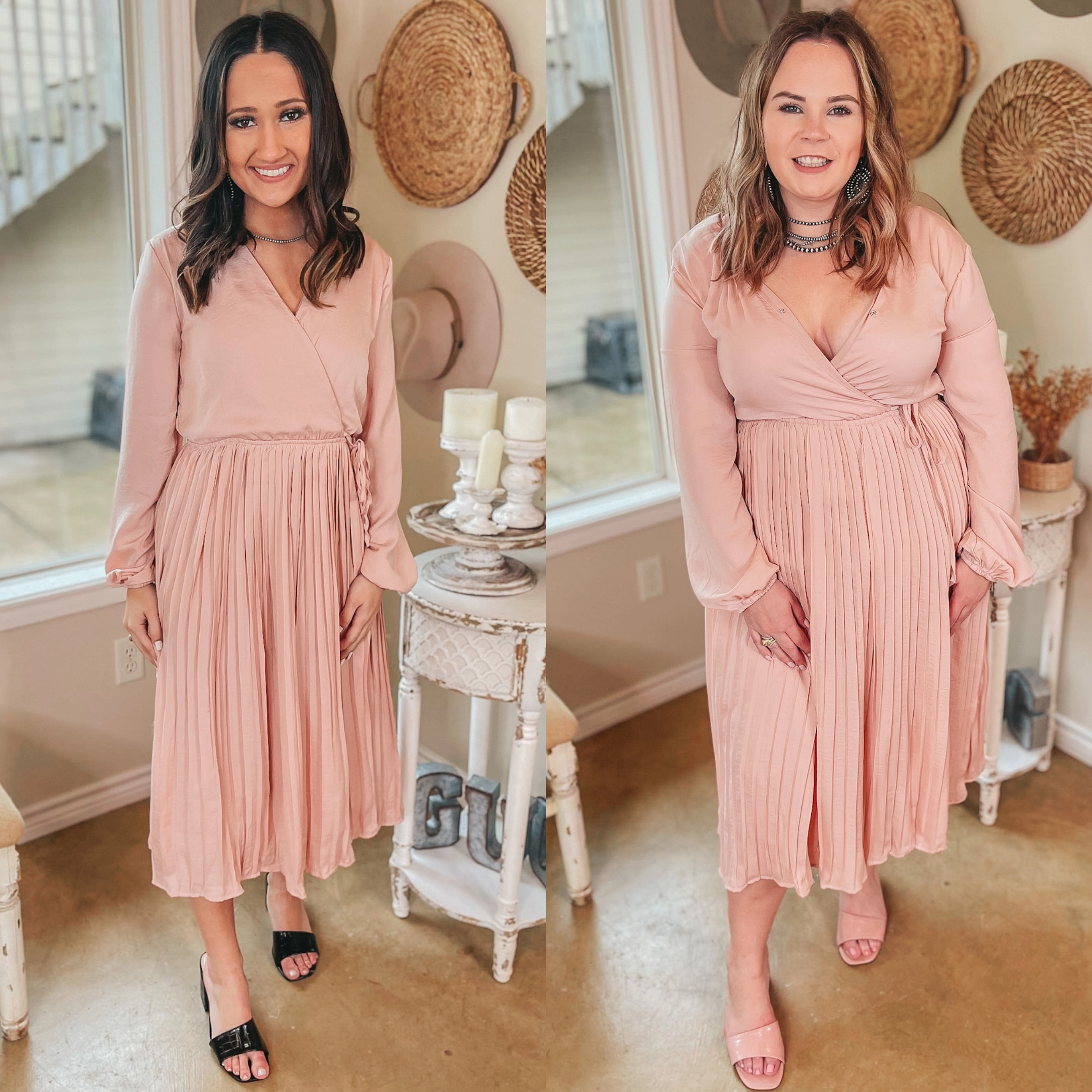 Last Chance Size Small and Medium | Bakersfield Brunch Long Sleeve Midi Dress with Pleated Skirt in Blush Pink Anytime Fit