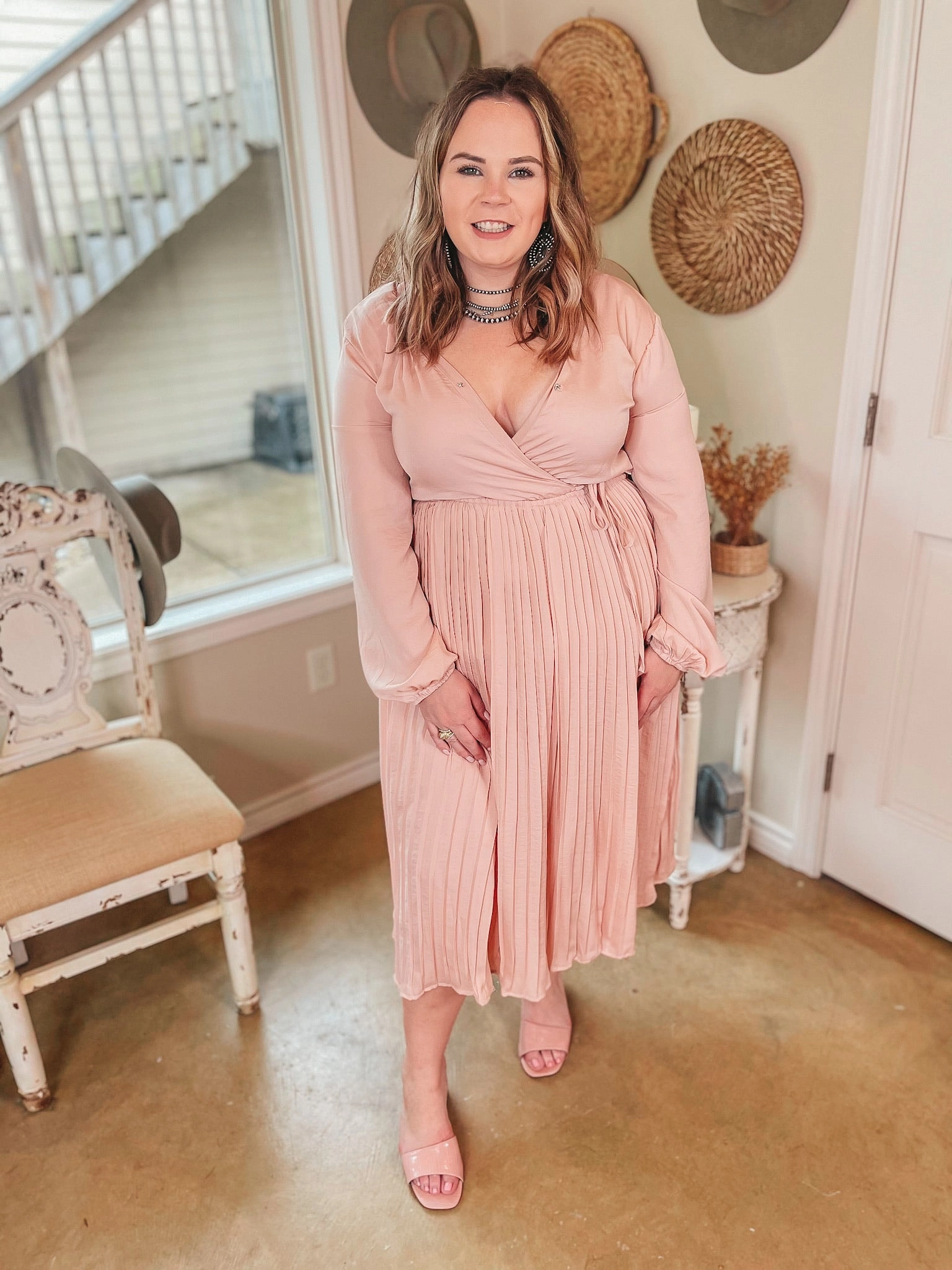 Mediterranean Air HygroscopicFiber Last Chance Size Small and Medium | Bakersfield Brunch Long Sleeve Midi Dress with Pleated Skirt in Blush Pink