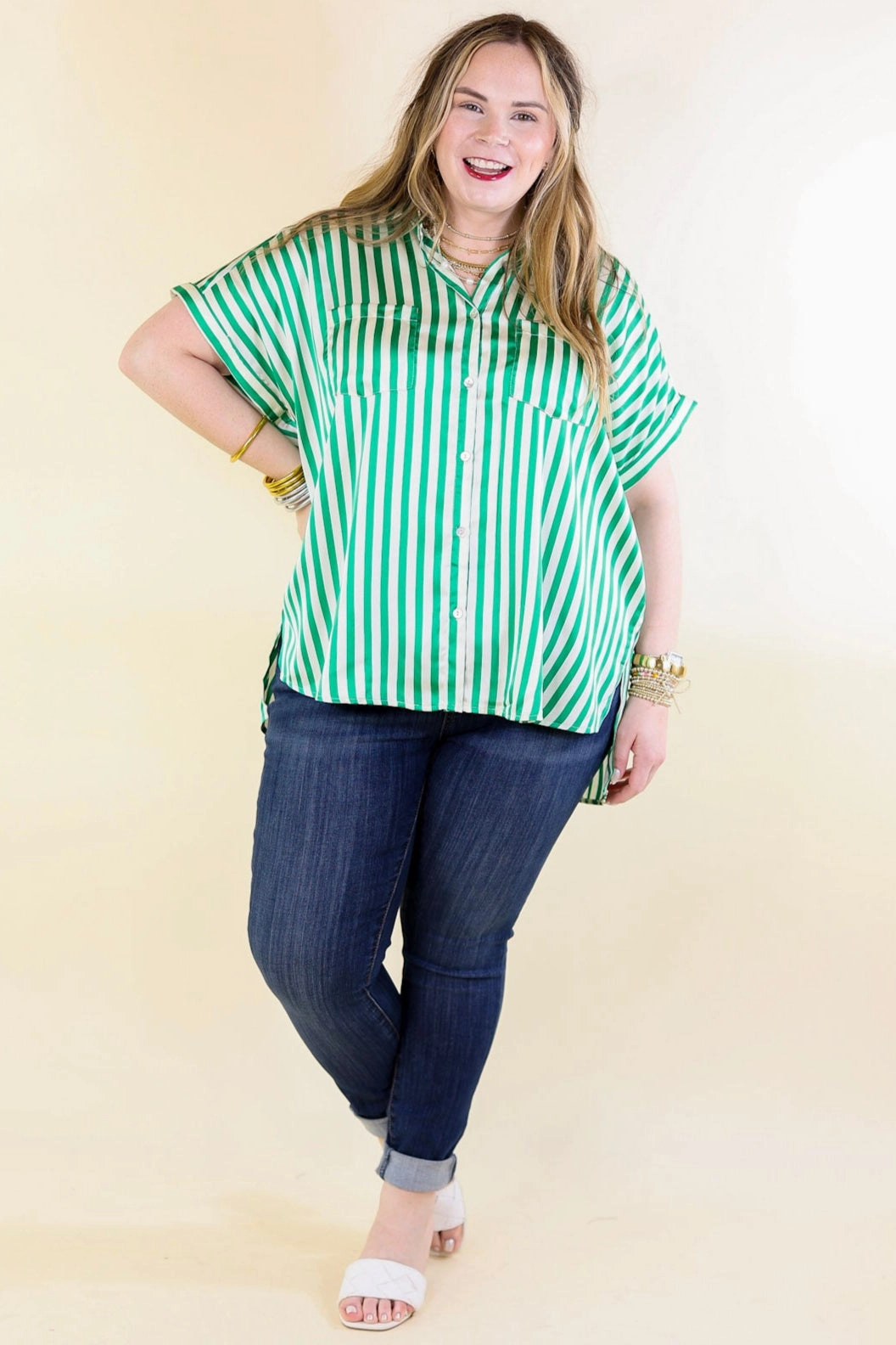 Wedding guest Free To Be Fab Button Up Short Sleeve Striped Top in Green