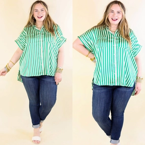 Free To Be Fab Button Up Short Sleeve Striped Top in Green Ruffle Edge