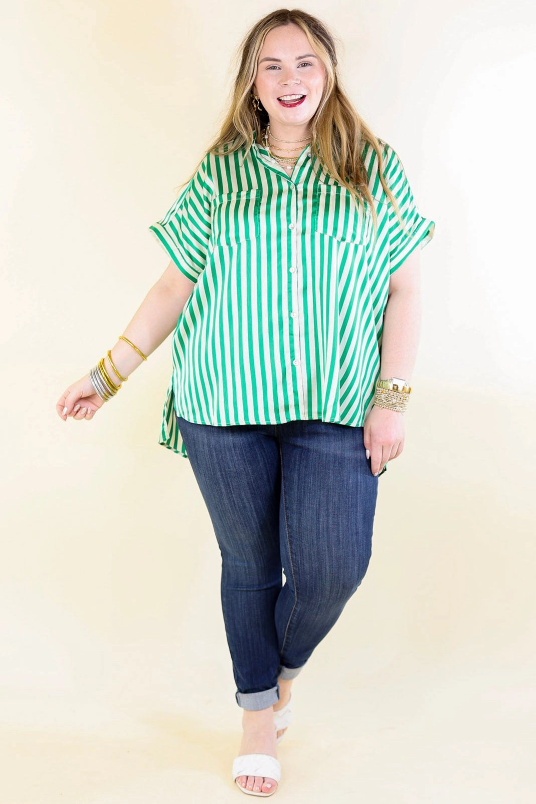Durable Stitching Free To Be Fab Button Up Short Sleeve Striped Top in Green