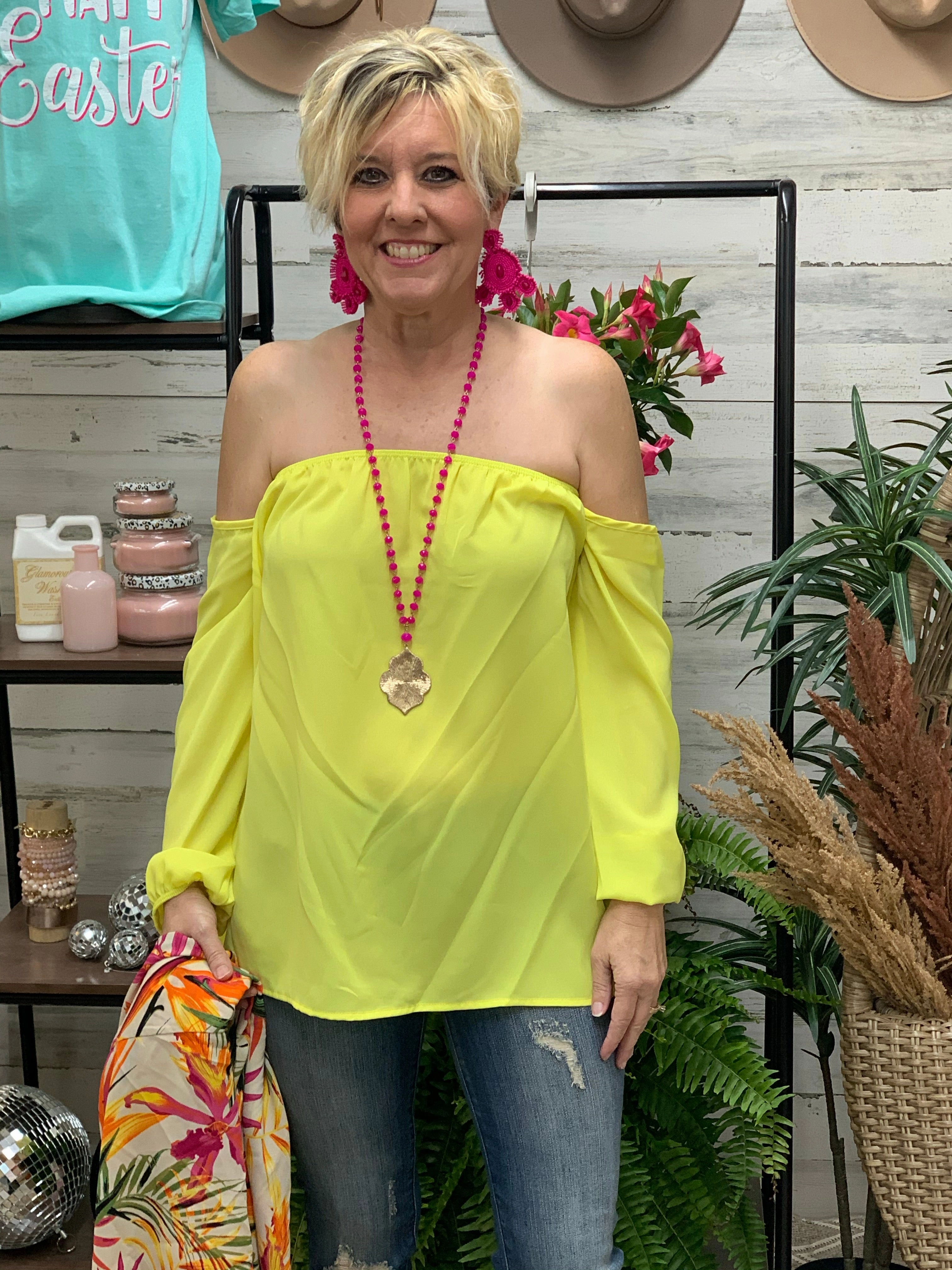 Roomy Design Soft Jersey Today Was A Fairytale Off Shoulder Top in Yellow