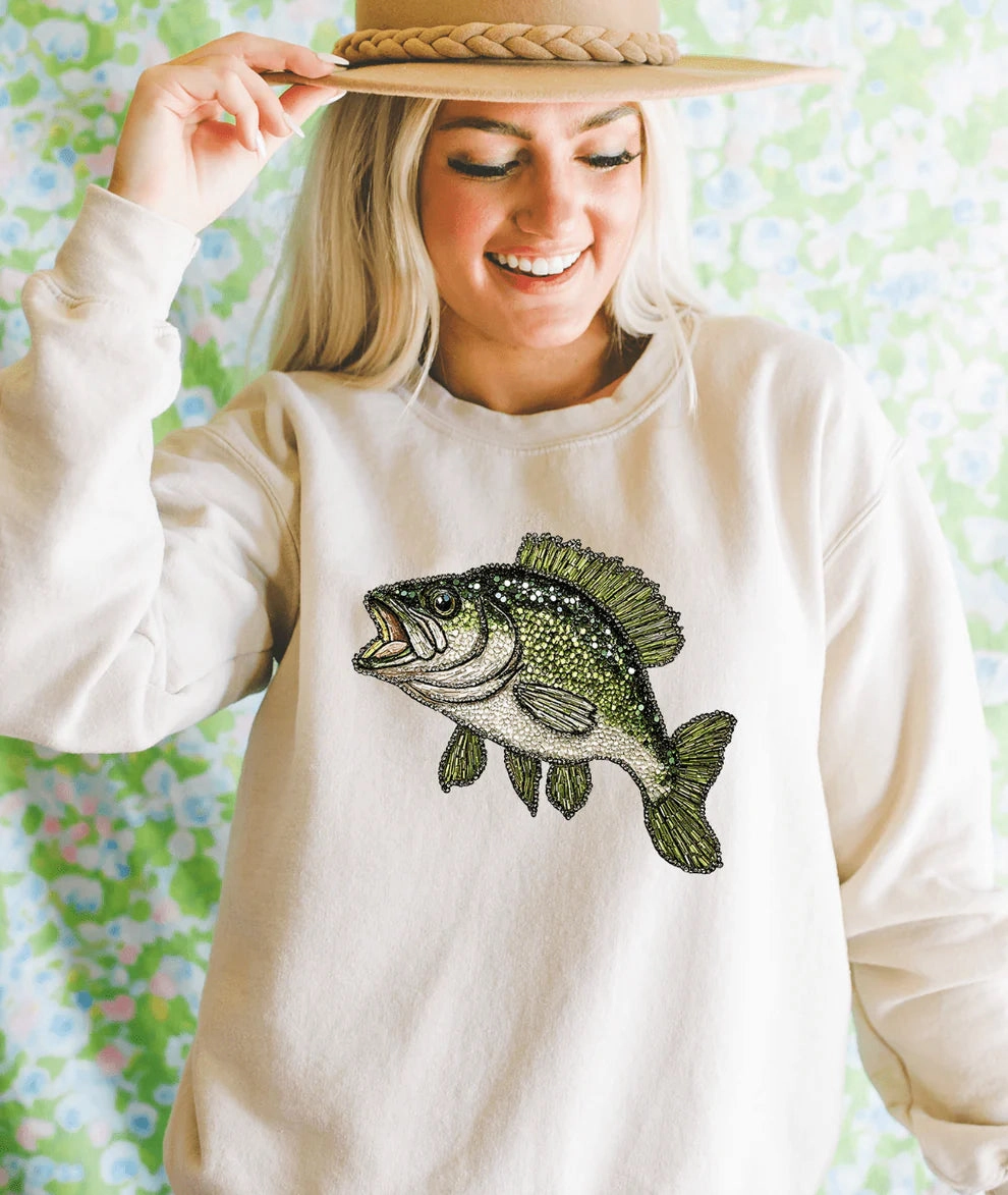 Online Exclusive | Faux Rhinestone Bass Fishing Graphic Sweatshirt in Cream harmonious