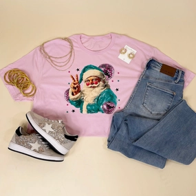 Online Exclusive | Disco Santa Peace Hand Graphic Tee in Pink Effortless Wearable