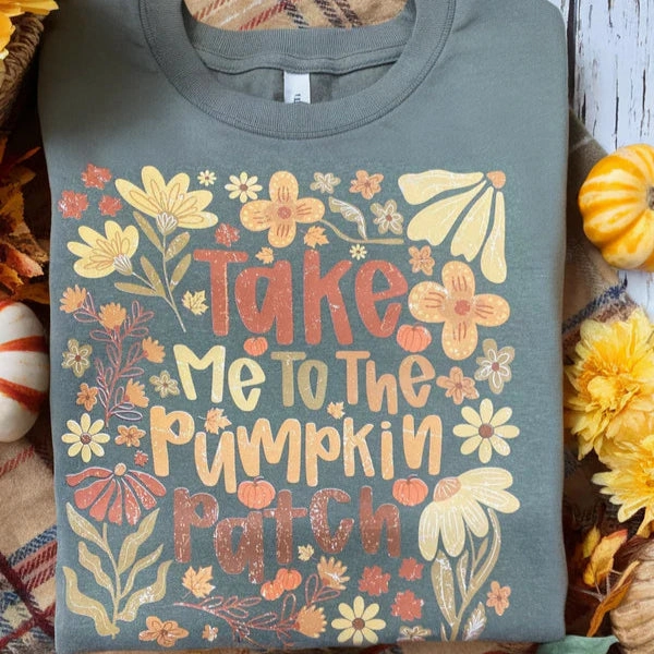 Online Exclusive | Take Me To The Pumpkin Patch Graphic on Short Sleeve Comfort Color Tee in Moss Green Light Style