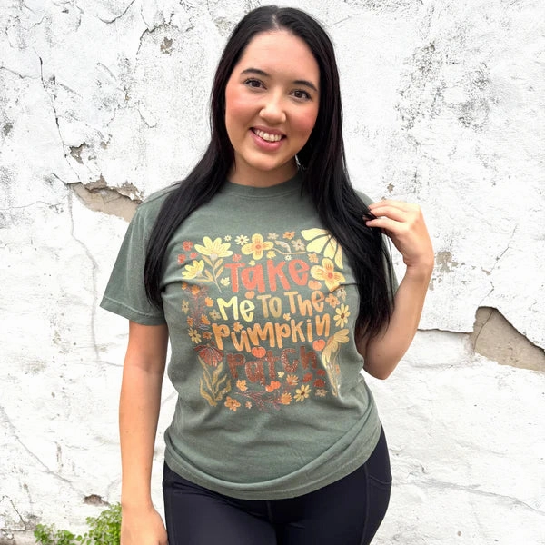 Online Exclusive | Take Me To The Pumpkin Patch Graphic on Short Sleeve Comfort Color Tee in Moss Green Casual Essentials