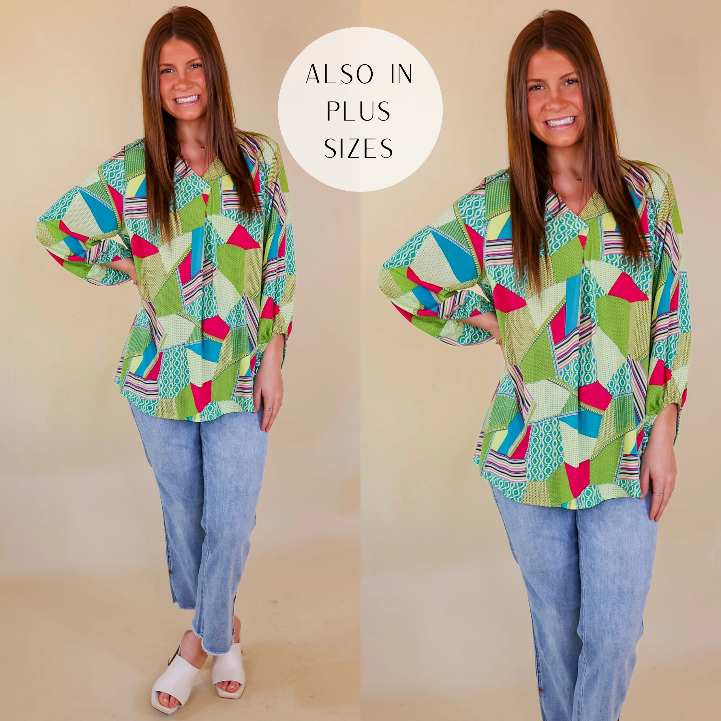 Eyes On Paradise Mix Patch Print Blouse with 3/4 Sleeves in Green Mix Travel Vibe Stylish Bottom