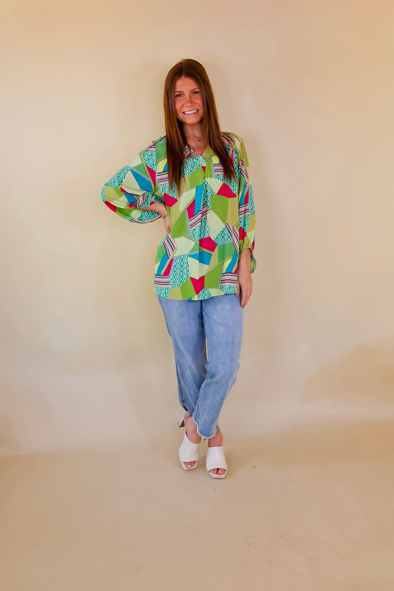 Eyes On Paradise Mix Patch Print Blouse with 3/4 Sleeves in Green Mix Rain Fit