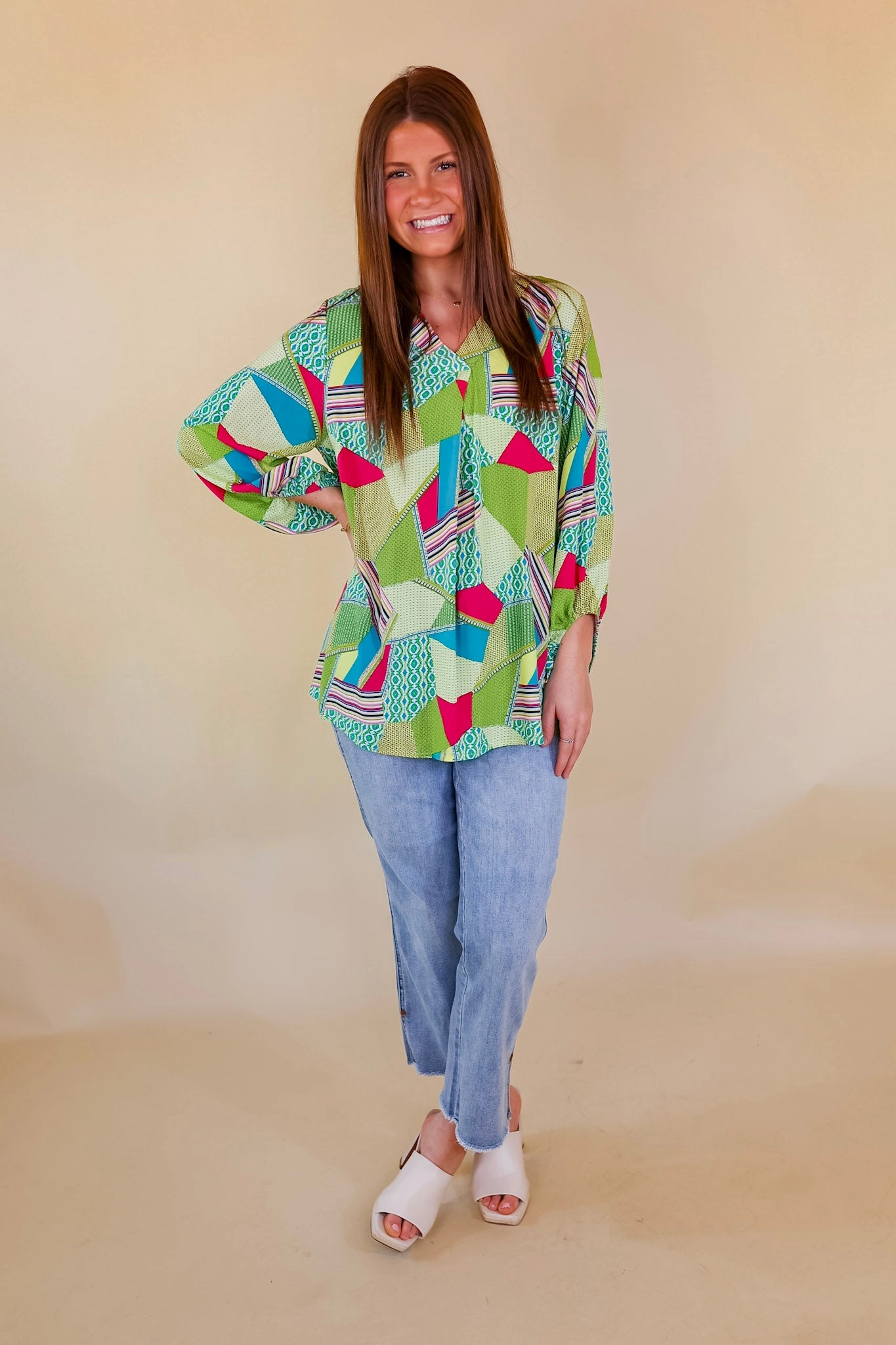 Dad Core Relaxing Design Eyes On Paradise Mix Patch Print Blouse with 3/4 Sleeves in Green Mix