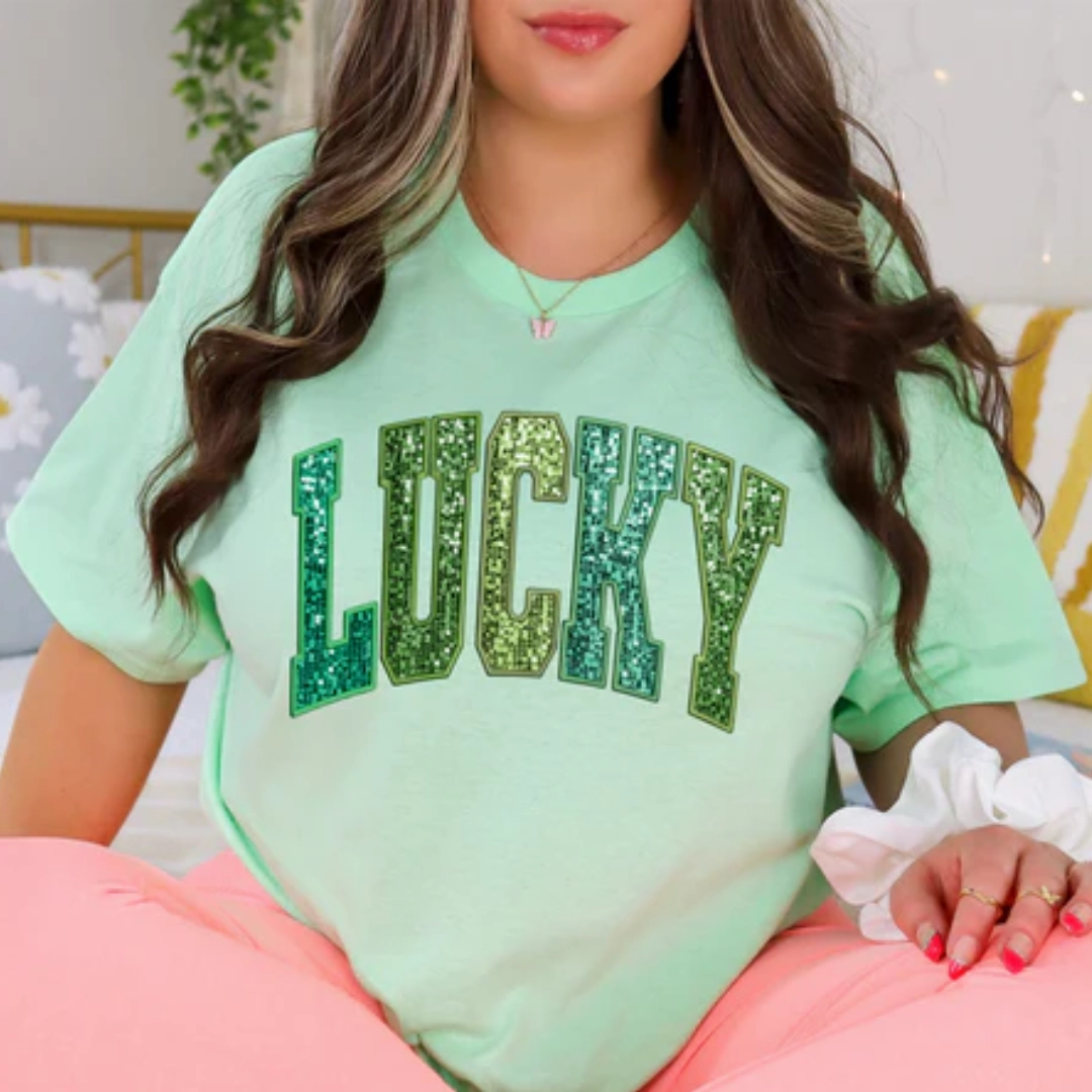 Perfect Layering Online Exclusive | Lucky Faux Sequin Graphic Tee in Mint Green