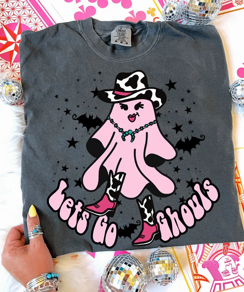 Online Exclusive | Let's Go Ghouls Halloween Graphic on Short Sleeve Comfort Color Tee in Pepper Black Timeless Layering