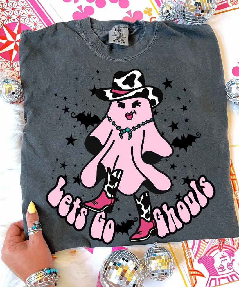 Timeless Must-Have Relaxed Vibes Online Exclusive | Let's Go Ghouls Halloween Graphic on Short Sleeve Comfort Color Tee in Pepper Black