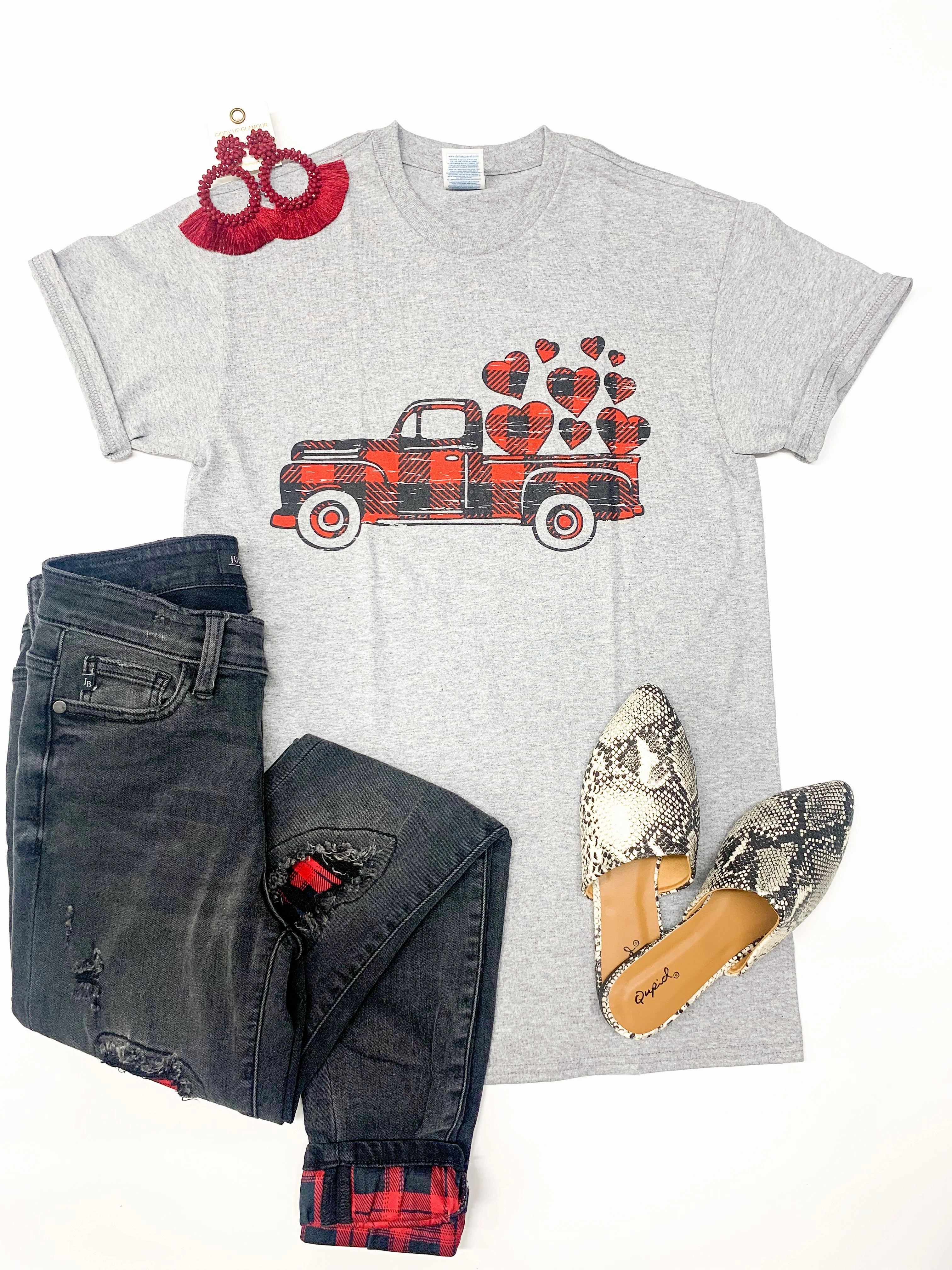 WearResistantHem Essential Shirt Last Chance Size Small & Large | Take My Love For A Ride Buffalo Plaid Pickup Truck with Hearts Graphic Tee in Grey