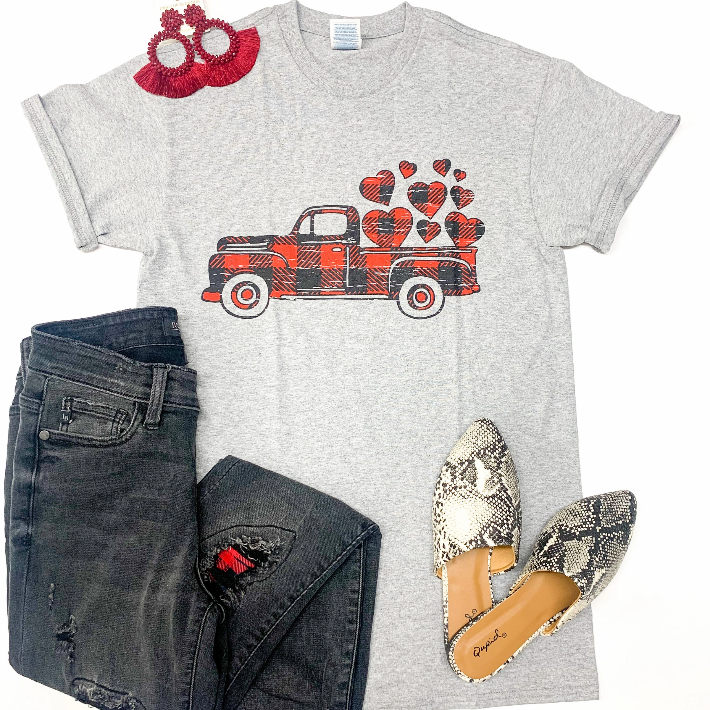 Last Chance Size Small & Large | Take My Love For A Ride Buffalo Plaid Pickup Truck with Hearts Graphic Tee in Grey ZeroIrritationLabels