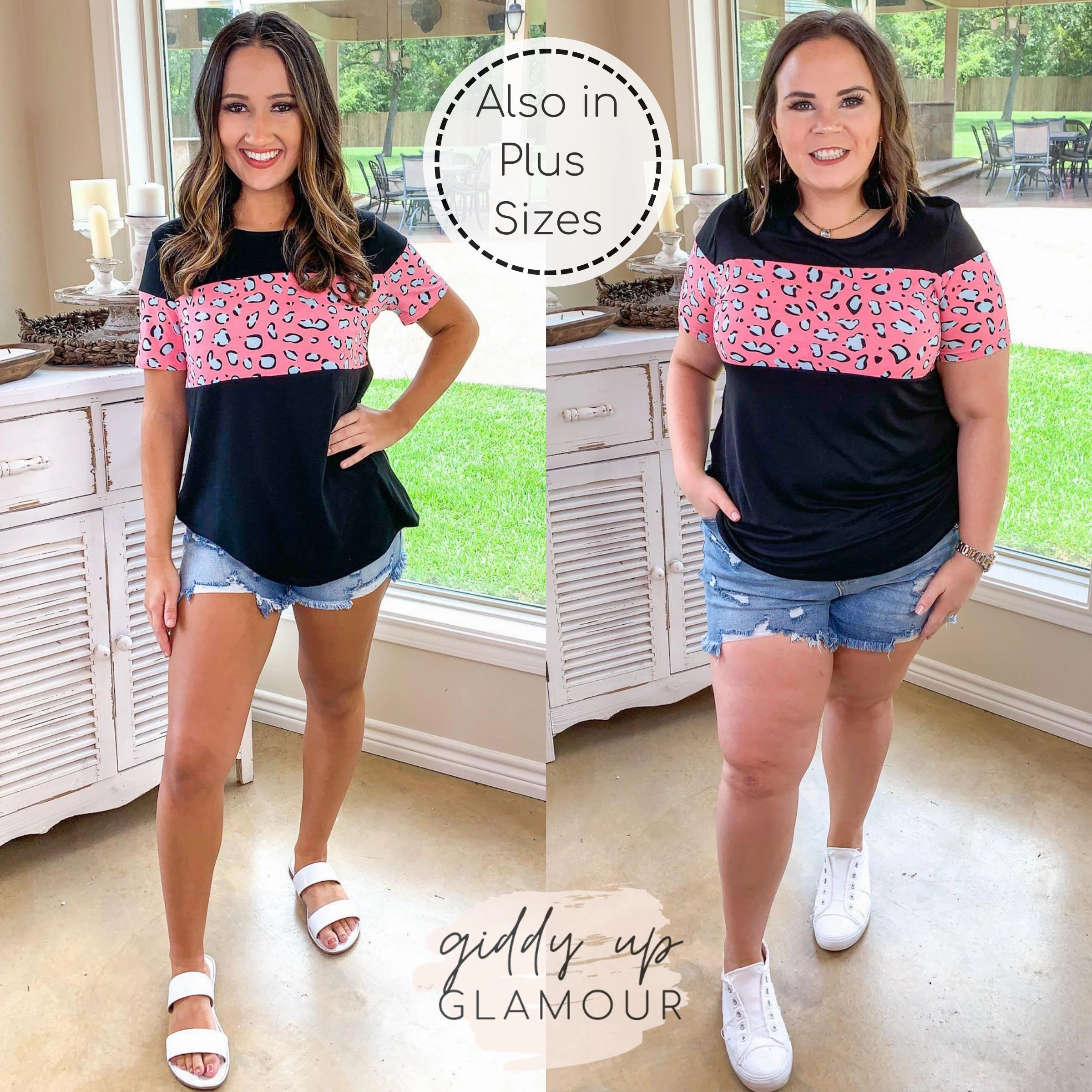 Last Chance Size Small | Always the Same Thing Short Sleeve Top with Pink Animal Print Accents in Black Digital Core