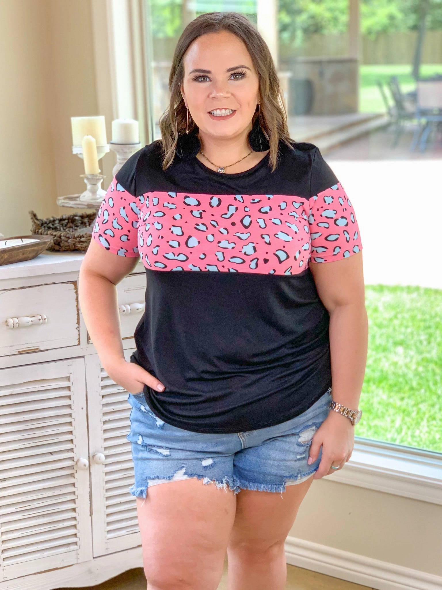 Last Chance Size Small | Always the Same Thing Short Sleeve Top with Pink Animal Print Accents in Black LayeredPaneling Fine Weave