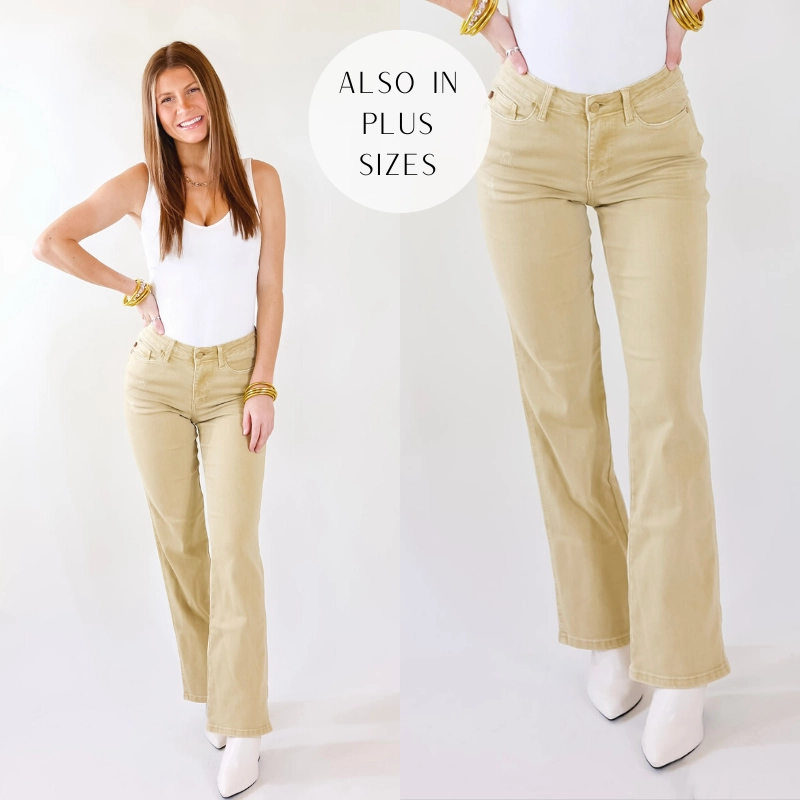 Relaxed Fit Last Chance Size 0, 1, 20W & 22W | Judy Blue | Fall Crush Slim Boot Cut Jeans in Khaki