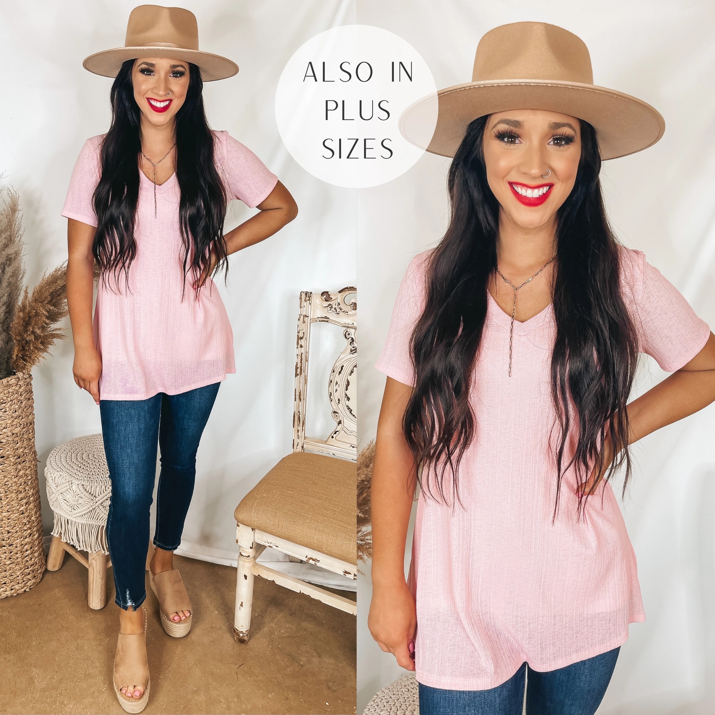 Looking For You Short Sleeve V Neck Top in Light Pink Sustain Glow Denim Cool