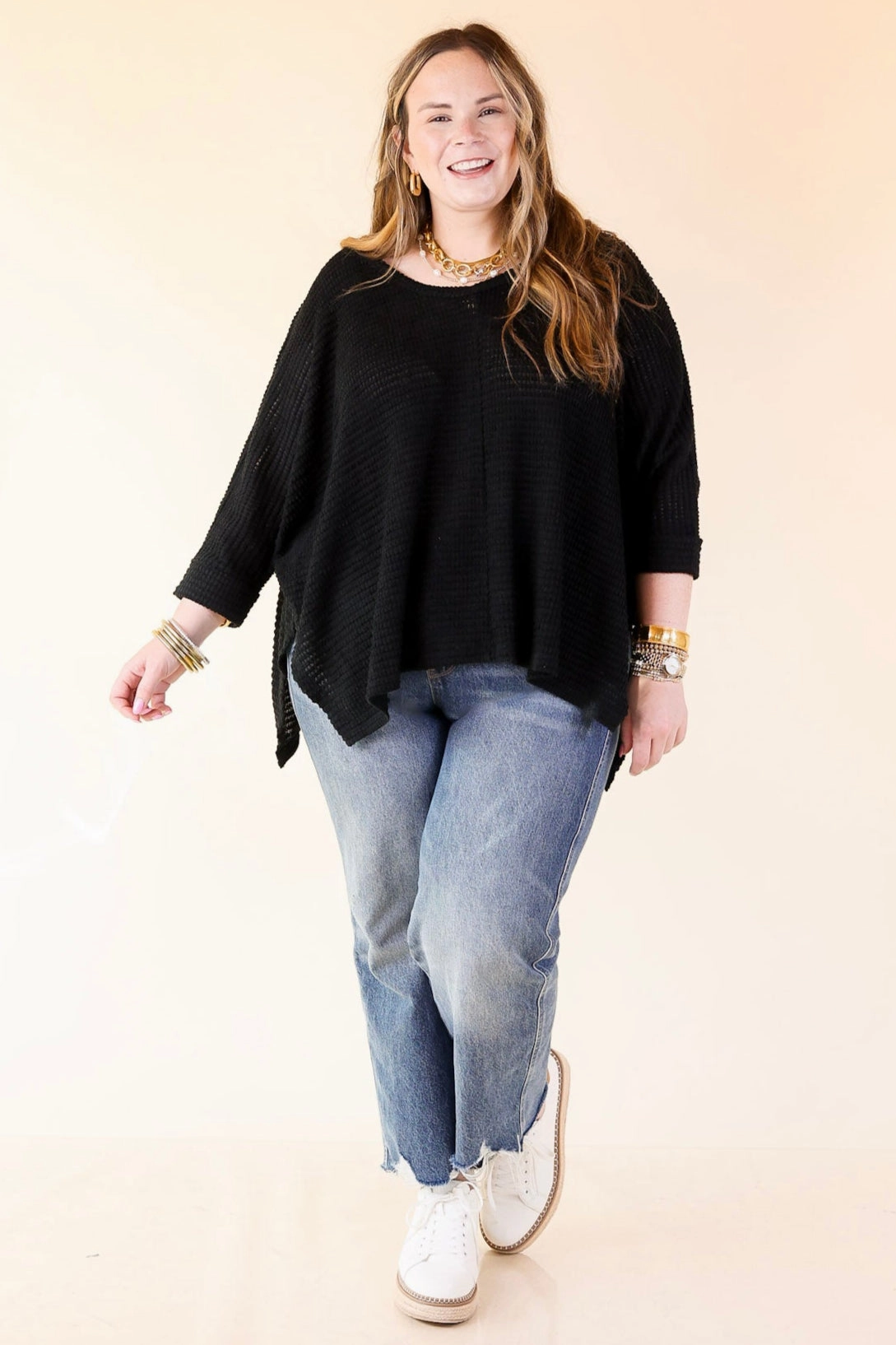 Breezy Intuition 3/4 Cuffed Sleeves Waffle Net Blouse In Black Edgy Fashion