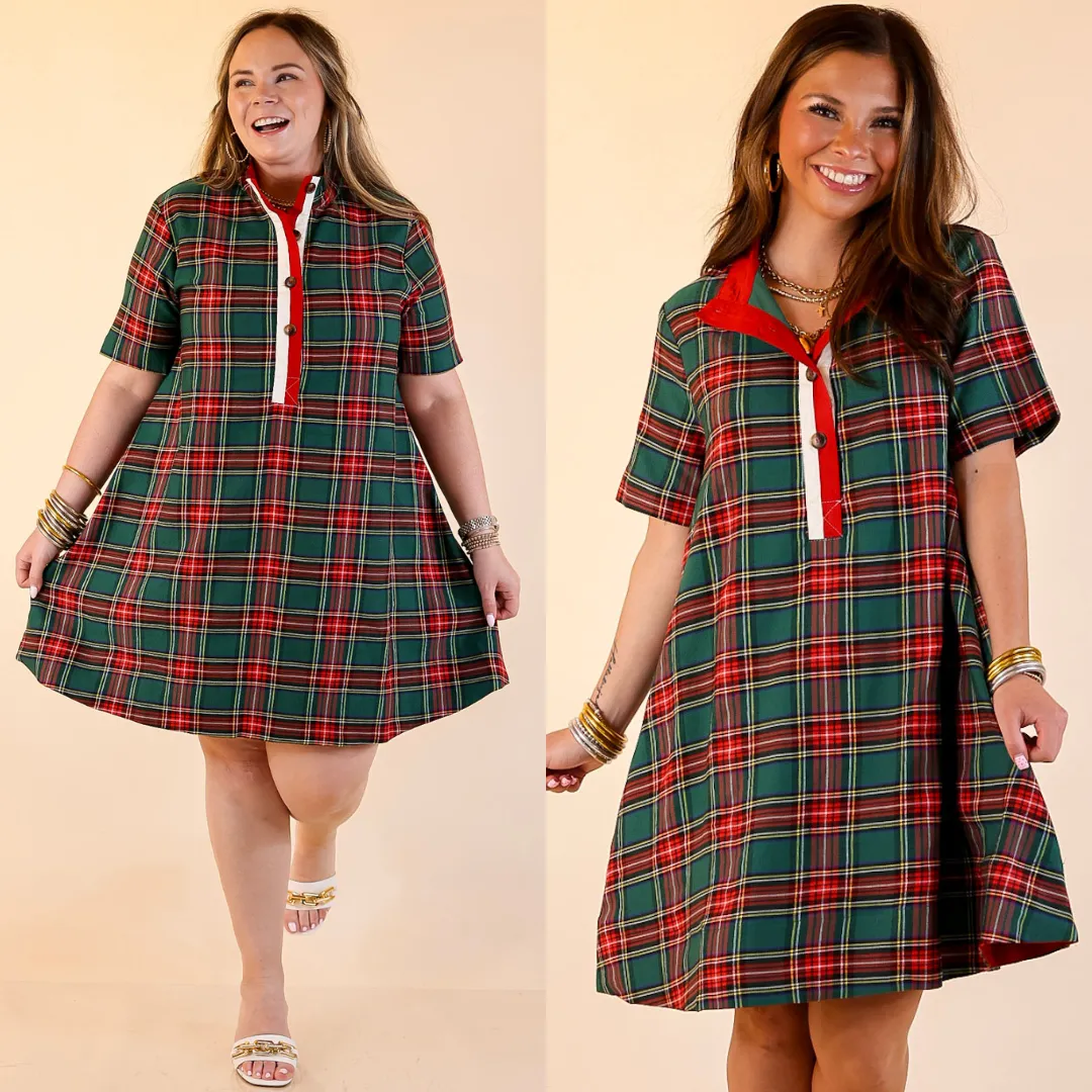 Seasonal Shift Plaid Dress with Pockets and Button Detailing in Green Comfortable Pants
