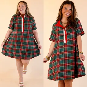 Seasonal Shift Plaid Dress with Pockets and Button Detailing in Green Comfortable Pants