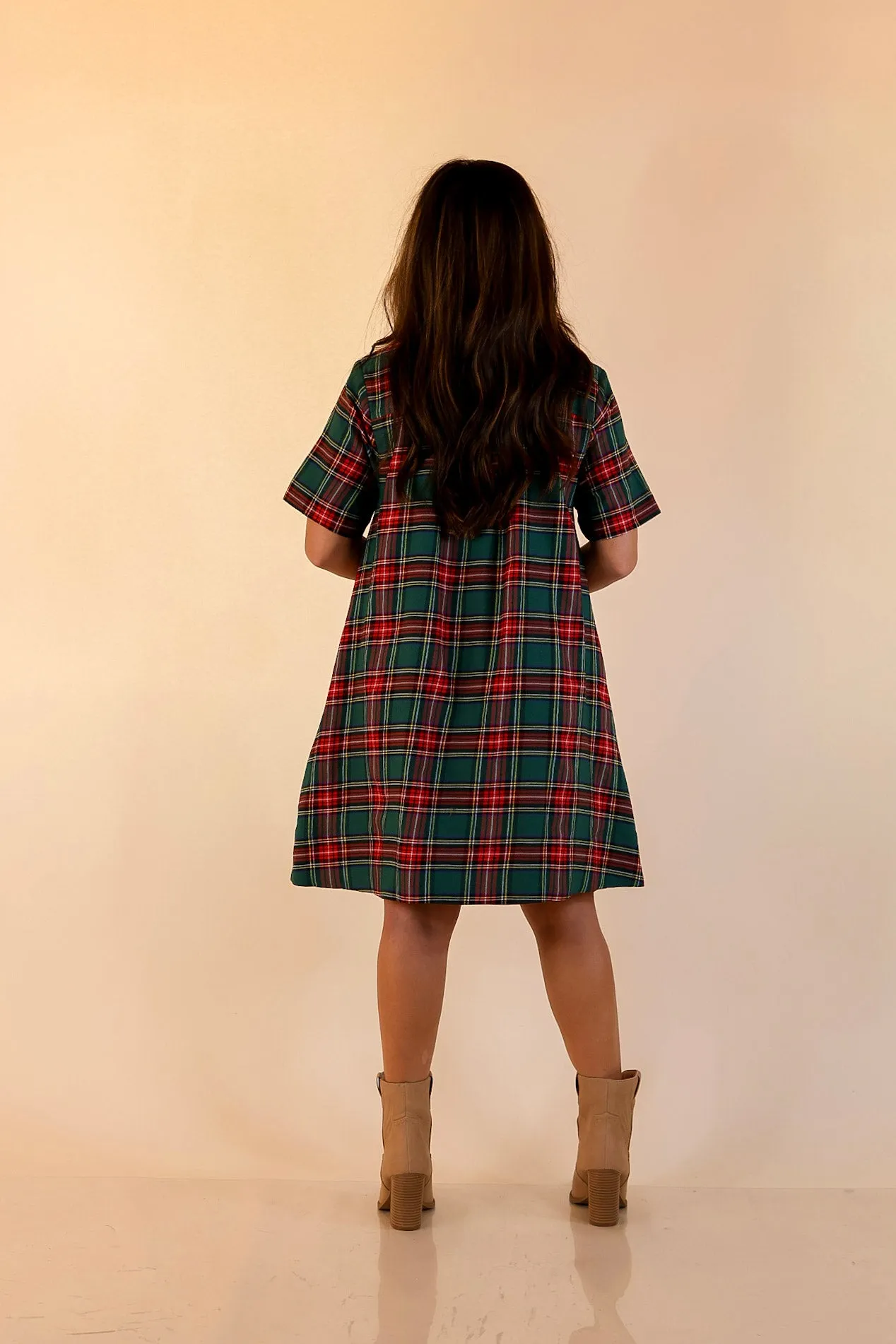 Seasonal Shift Plaid Dress with Pockets and Button Detailing in Green Smile Glow